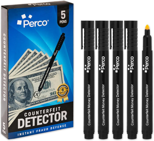 Perco Counterfeit Money Detector Pen (5 Pack) - Easy to Use and Reliable Universal Currency Fake Bill Checker for Personal & Commercial Use - Ensures Authenticity & Prevents Fraud