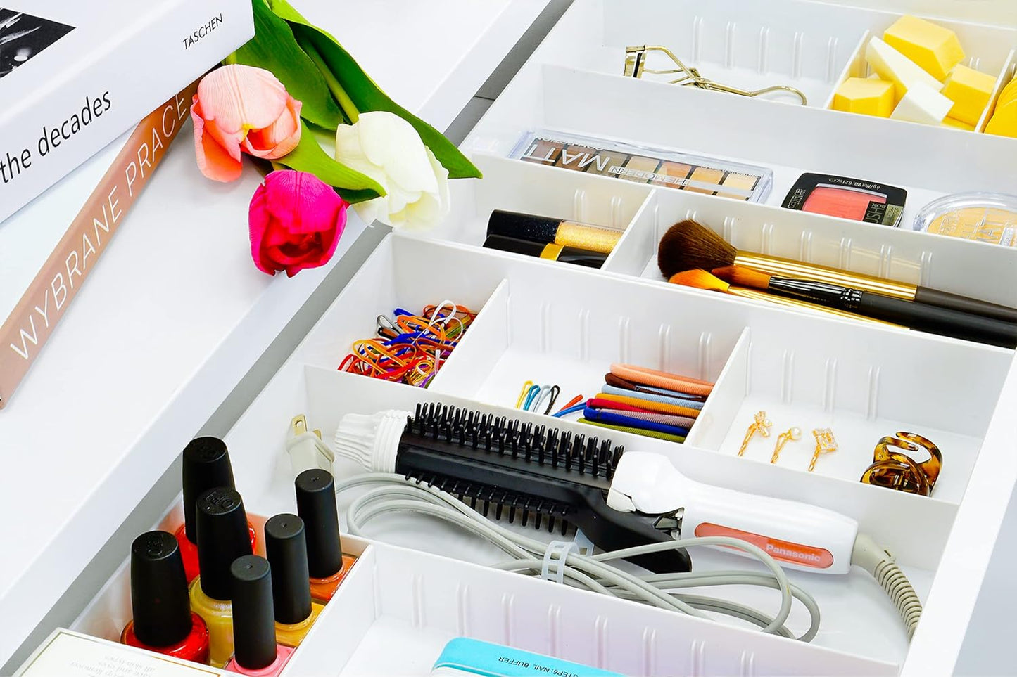 CAXXA 3 Slot Drawer Organizer with 4 Adjustable Dividers - 7 Compartments Junk Drawer Storage for Makeup & Vanity, Office Desk Supplies and Accessories,WHITE (2 pack)