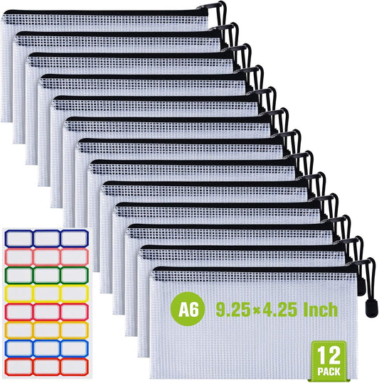 12 Pcs Plastic Mesh Pencil Pouch, Waterproof Tear-Resistant Document File Folders, Zipper Documents Pouch Document Organizer Bags for School Office Business Home Travel Storage(9.25×4.25Inch)