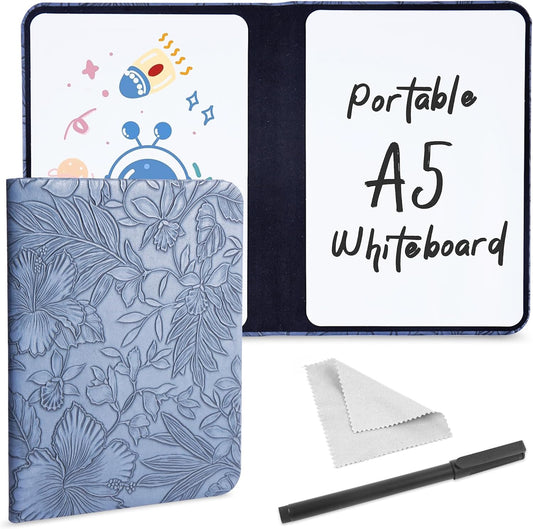 Portable Small White Board Dry Erase Board, Reusable 9.5 * 6.6in Notebook Memo, Office Home Supplies Desk Accessories(1-Carved Blue)