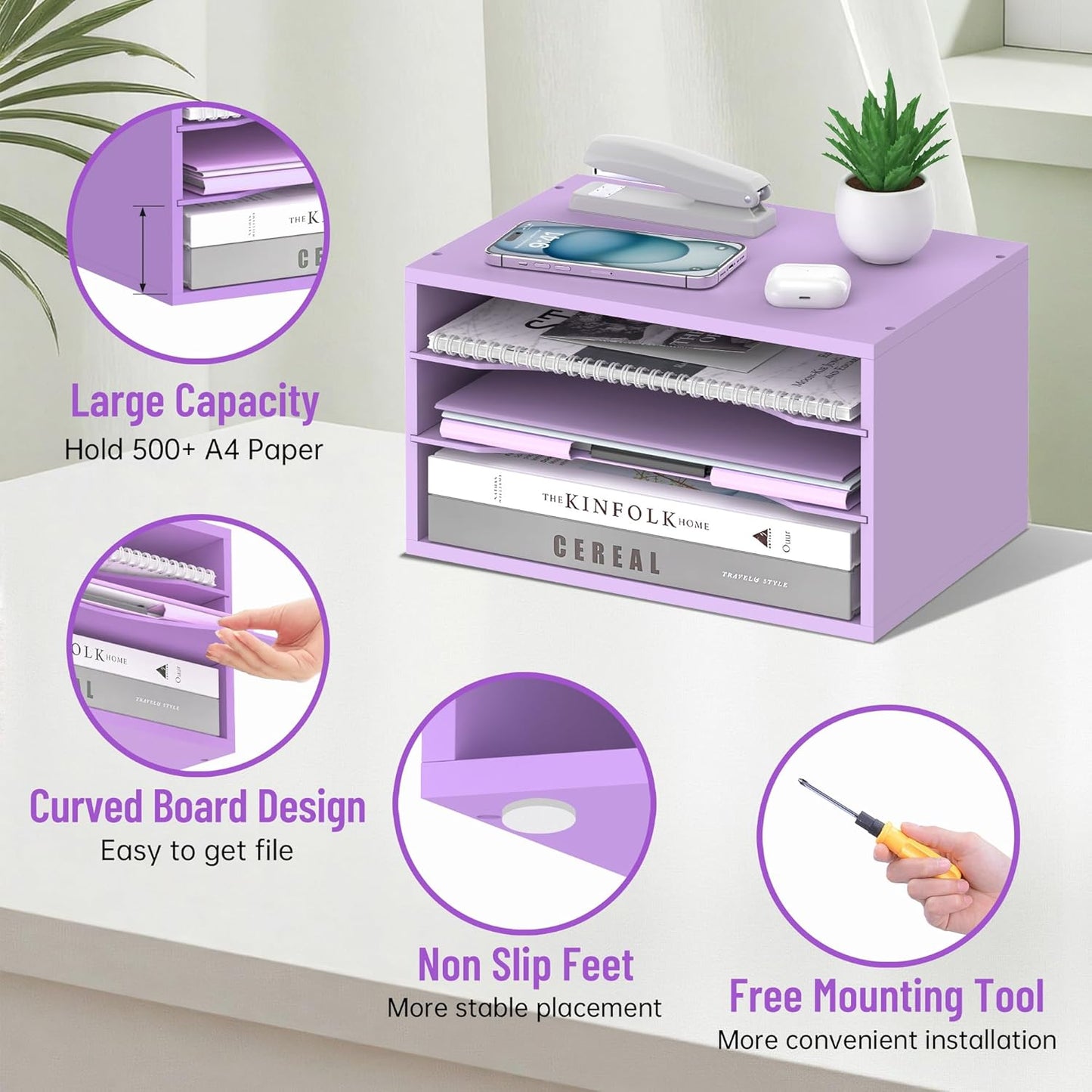 Wood Desk Organizer, 3 Tier Paper Tray Organizer for Desk with Adjustable Storage Shelves, Desktop Paper Sorter Mail Holder for Office Home Classroom, Purple