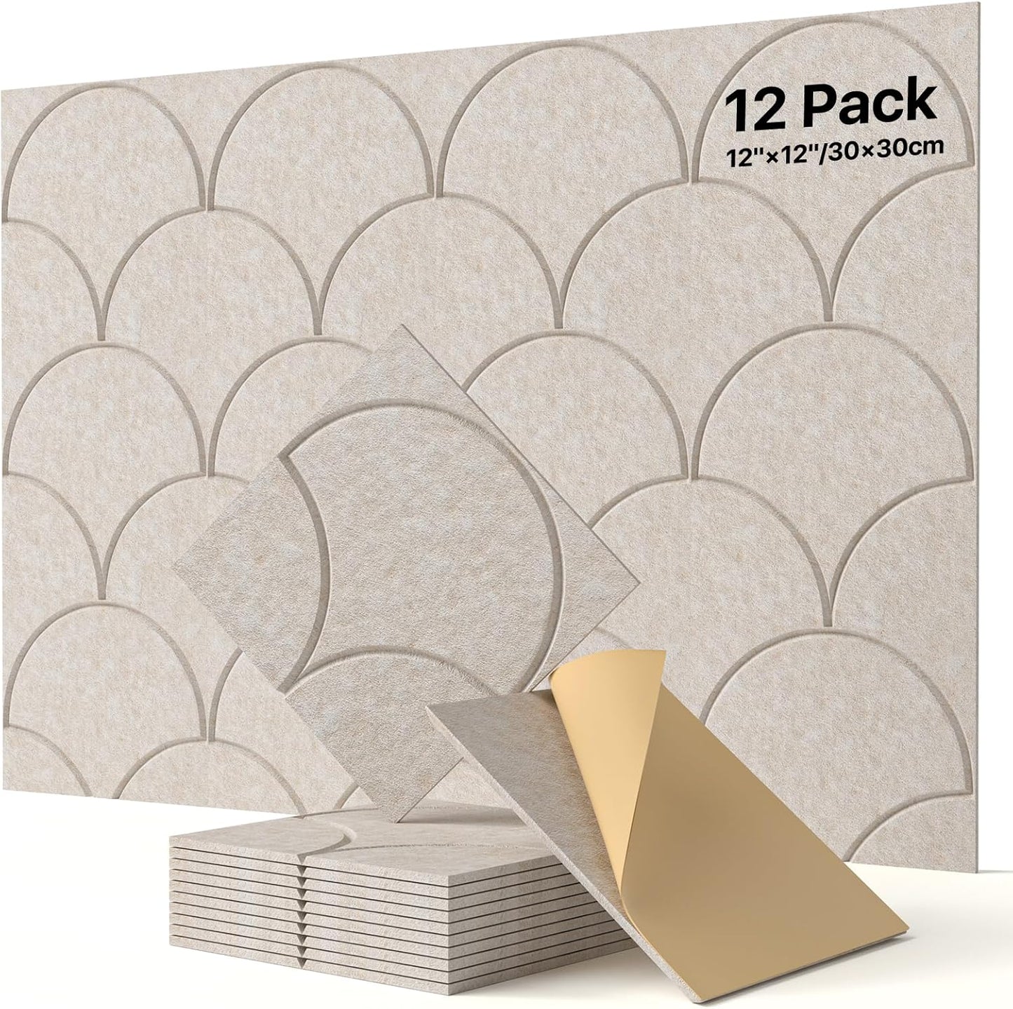 Soundsbay 12-Pack Acoustic Panels Self-Adhesive, 10.6lb/ft³ Large Shell Soundproof Wall Panels, 12" X 12" Acoustic Wall Panels for Door, Ceiling, Home Office, Beige