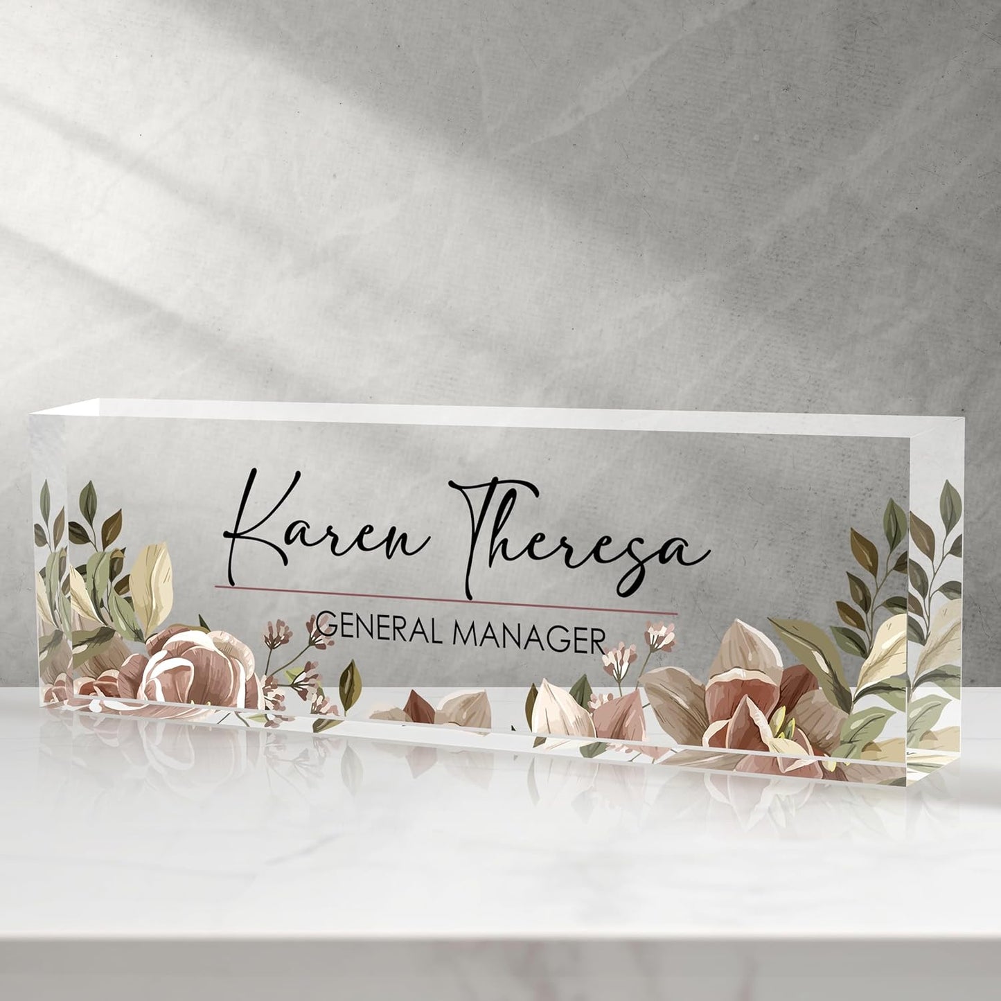 Custom Office Name Plate, Personalized Gifts for Women & Men, Appreciation Gifts for Employees, Office Desk Accessory (Tea Colored Flower)