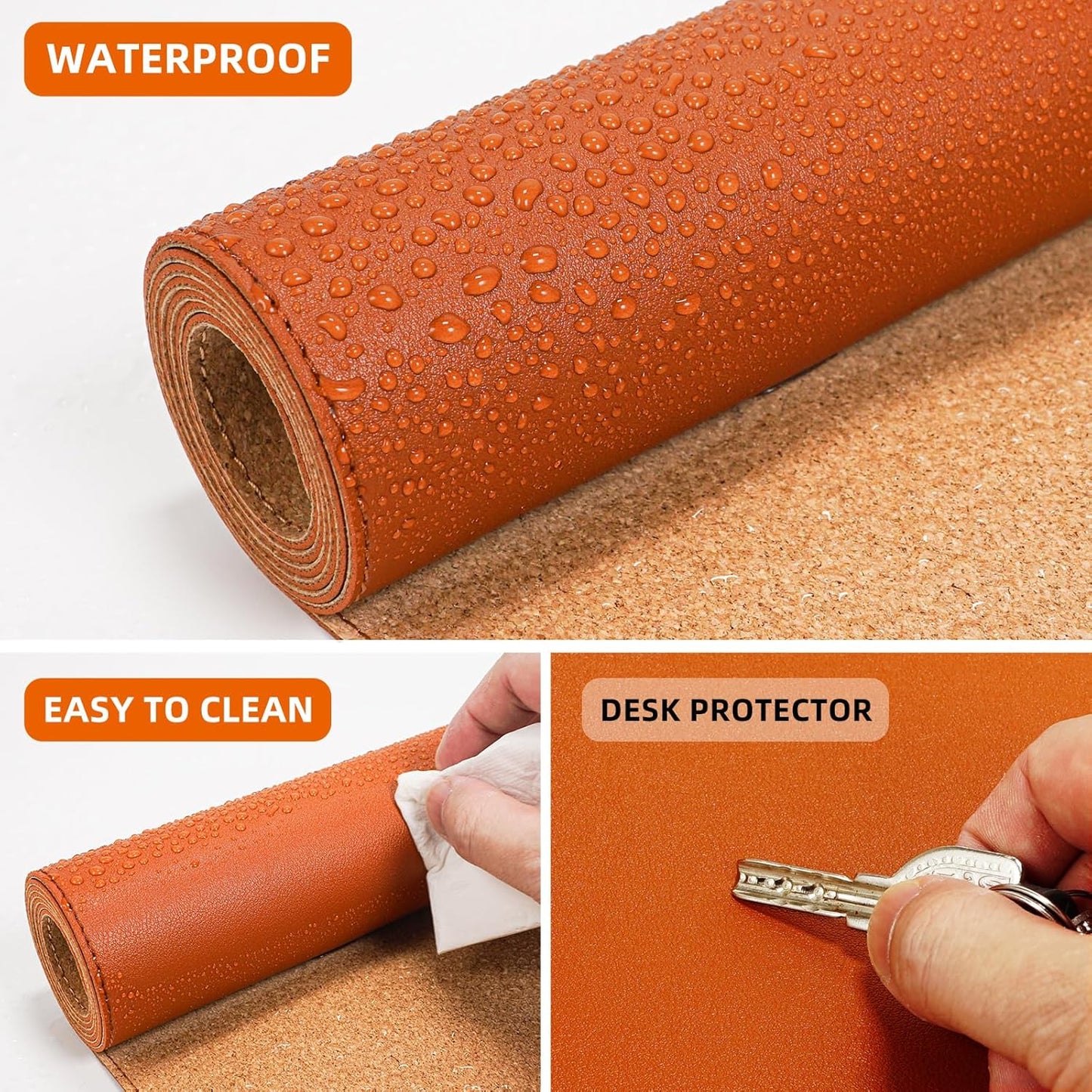 Large Desk Mat -47.2" x 17" Leather Desk Pad Protector with Natural Cork & PU Leather, Non-Slip Office Desk Mat, Double-Sided Mouse Pad, Waterproof Large Desk Pad for Office&Home (Orange)…