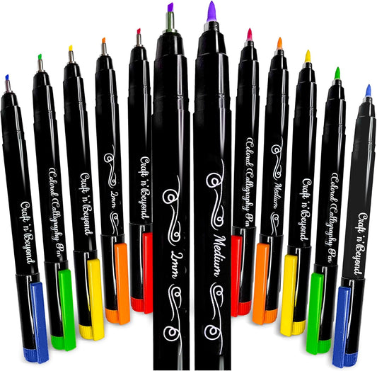 Craft 'n' Beyond Colored Calligraphy Brush Pens Waterproof Pack of 12 Markers for Hand Lettering, Art Drawing, Sketching, Scrapbooking, Journaling - Beginner Kit with Fadeproof Ink