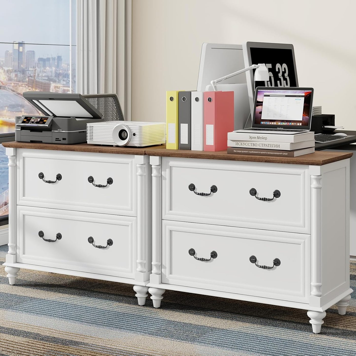 Lateral File Cabinet 2 Drawers Farmhouse File Cabinet for Letter/A4/Legal Size Hanging Files, Large Rustic White File Storage Cabinets Printer Stand with 4 Solid Wood Feet &Column Decor for Office