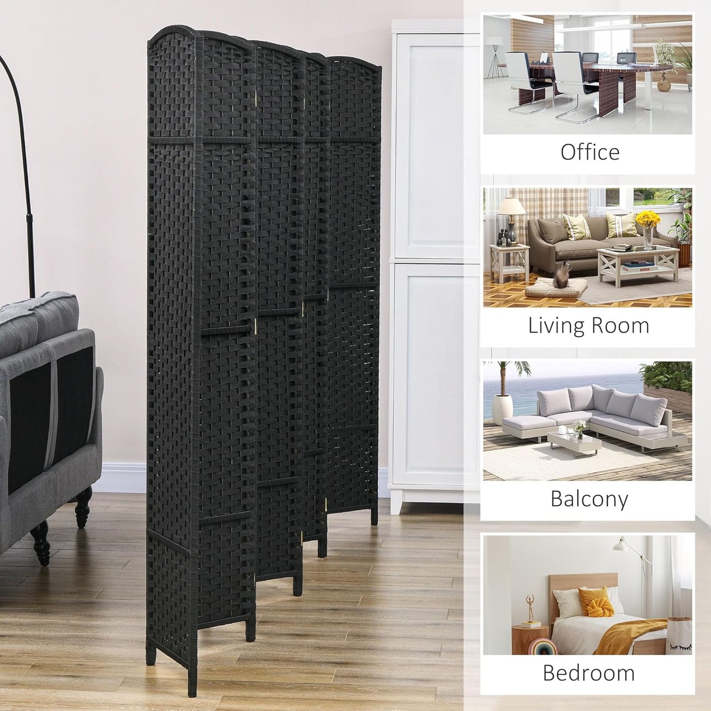 HOMCOM Room Divider, 8 Panel Folding Privacy Screen, 5.6' Tall Freestanding Wall Partition for Home Office, Bedroom, Black