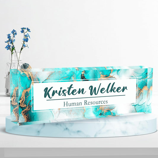 Desk Name Plate Personalized, Premium Ocean Blue Gold Marble Acrylic Desk Name Plate, Personalized Name Plate for Desk, Office Decor for Women or Men Coworkers, Boss, Employee, Teacher