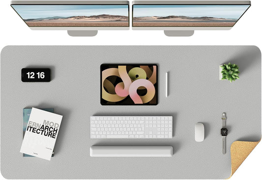 YSAGi Double-Sided Desk Pad, Leather Desk Mat, Eco Cork Desk Pad Protector, Large Mouse Pad for Desk, Waterproof Desk Blotter Pad, Desk Writing Pad for Office Work/Home (Grey+Cork, 47.2" x 23.6")