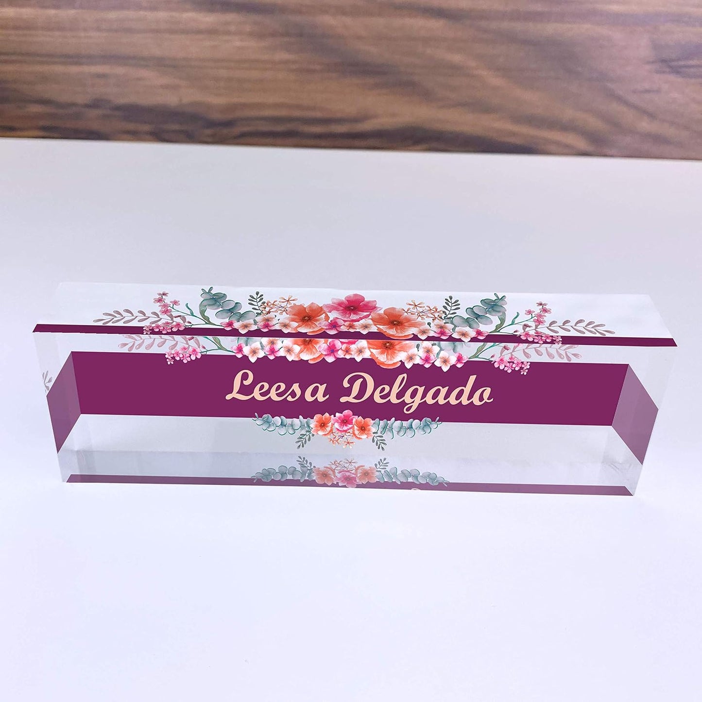 Artblox Office Desk Name Plate Personalized | Custom Name Plates for Desks | Wild Flowers Design On Clear Acrylic Glass | Office Desk Decor - (8" x 2.5")