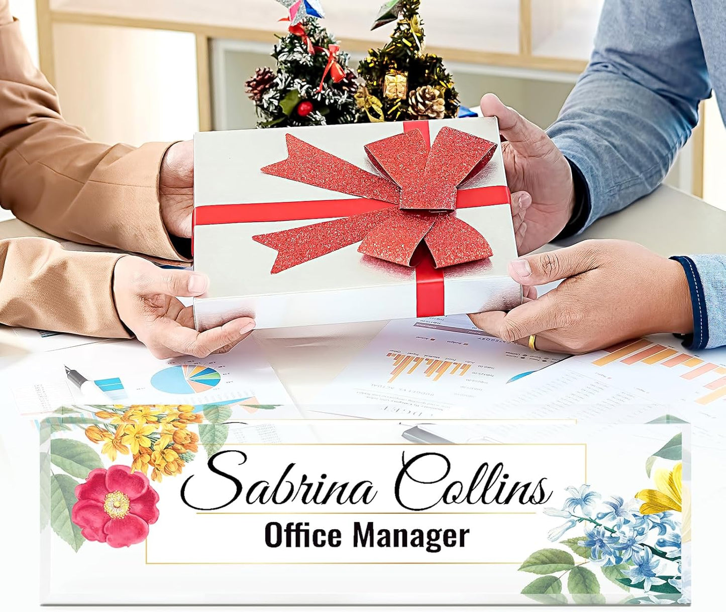 Name Plate for Desk, Desk Name Plate Personalized, Blue Office Decor for Women Men, Acrylic Desktop Accessories, Office Gifts for Boss Nurse Teacher Coworker, Employee Appreciation Gift (Flowers B)