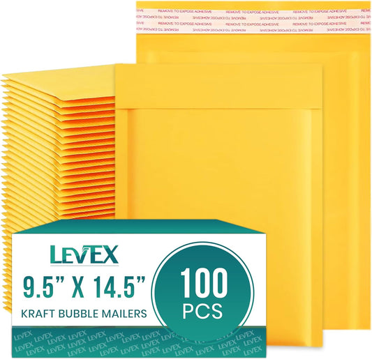 Levex - #4 9.5" x 14.5 [100 Pack) Kraft Bubble Mailers, Padded Envelope Mailers, Packing Envelope & Mailing Bags for Shipping