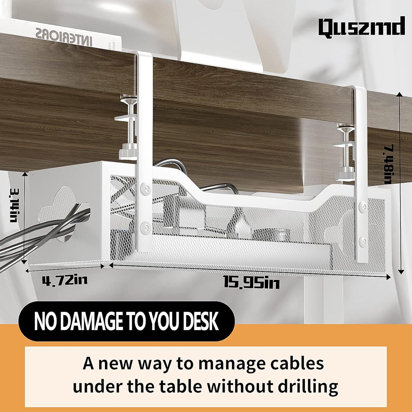 Under Desk Cable Management Tray 15.95", Quszmd Cable Organizer No Drill, Standing Cord Organizer and Wire Management Tray - No Damage to Desk, White