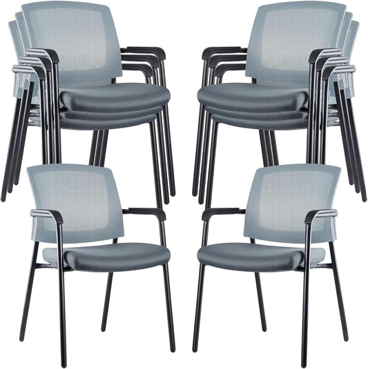 CLATINA Grey Stacking Chairs Stackable Waiting Room Chairs with Armrest, Mesh Office Reception Guest Chair for Home Desk Conference Lobby Church Medical Meeting Training Ergonomic, Set of 8