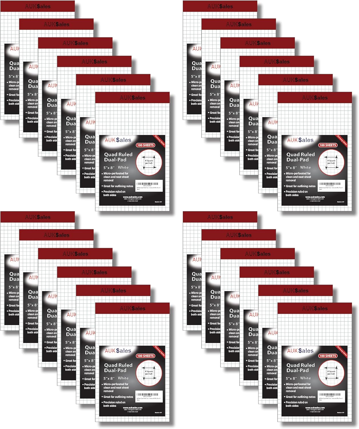 Grid Paper Pad 5x8 Inches, Graph Paper Pad 4x4, Grid Notepad, 24 Pack, 5x8 Graph Paper 1/4 Grid, Graphing Paper, Engineering Pad, 100 Sheets 200 Pages Perforated Pad for School, Home, & Office