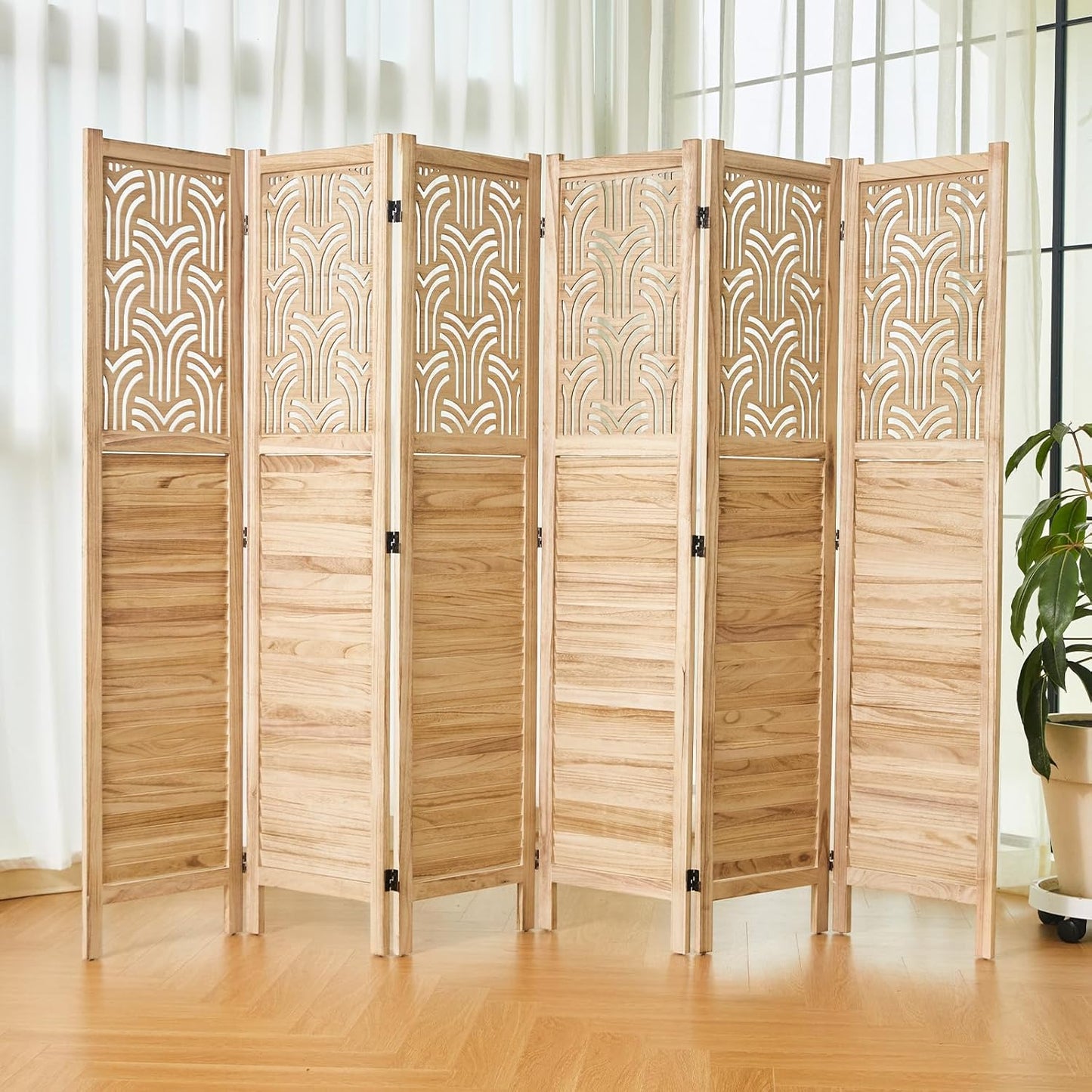 Folding Room Divider, 66.9 Inch 6 Panels Wood Carved Privacy Screens, Free Assembled Freestanding Portable Separation Wall for Home Office Bedroom (Natural)