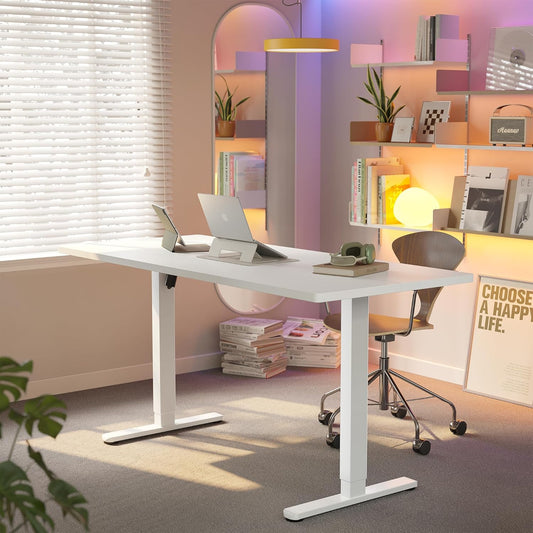 HUANUO 63 x 28 inch Electric Standing Desk Adjustable Height, 4 Memory Height Settings, Sit Stand Up Desk for Home Office & Computer Workstation, White