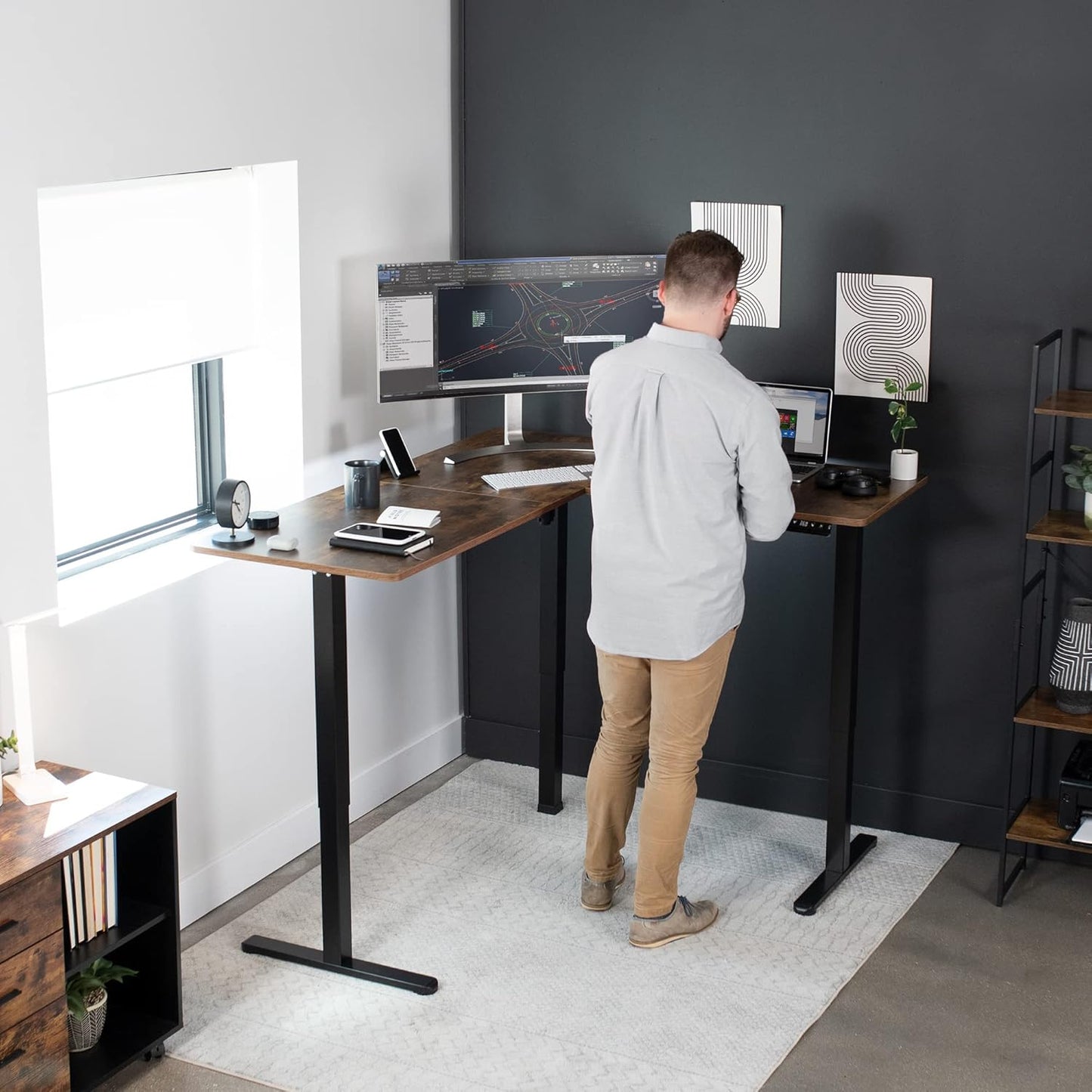 VIVO Electric Corner L-Shaped 63 x 55 in Rustic Standing Desk, Memory Height Adjustment, Vintage Brown Top Black Frame, DESK-E3CTN