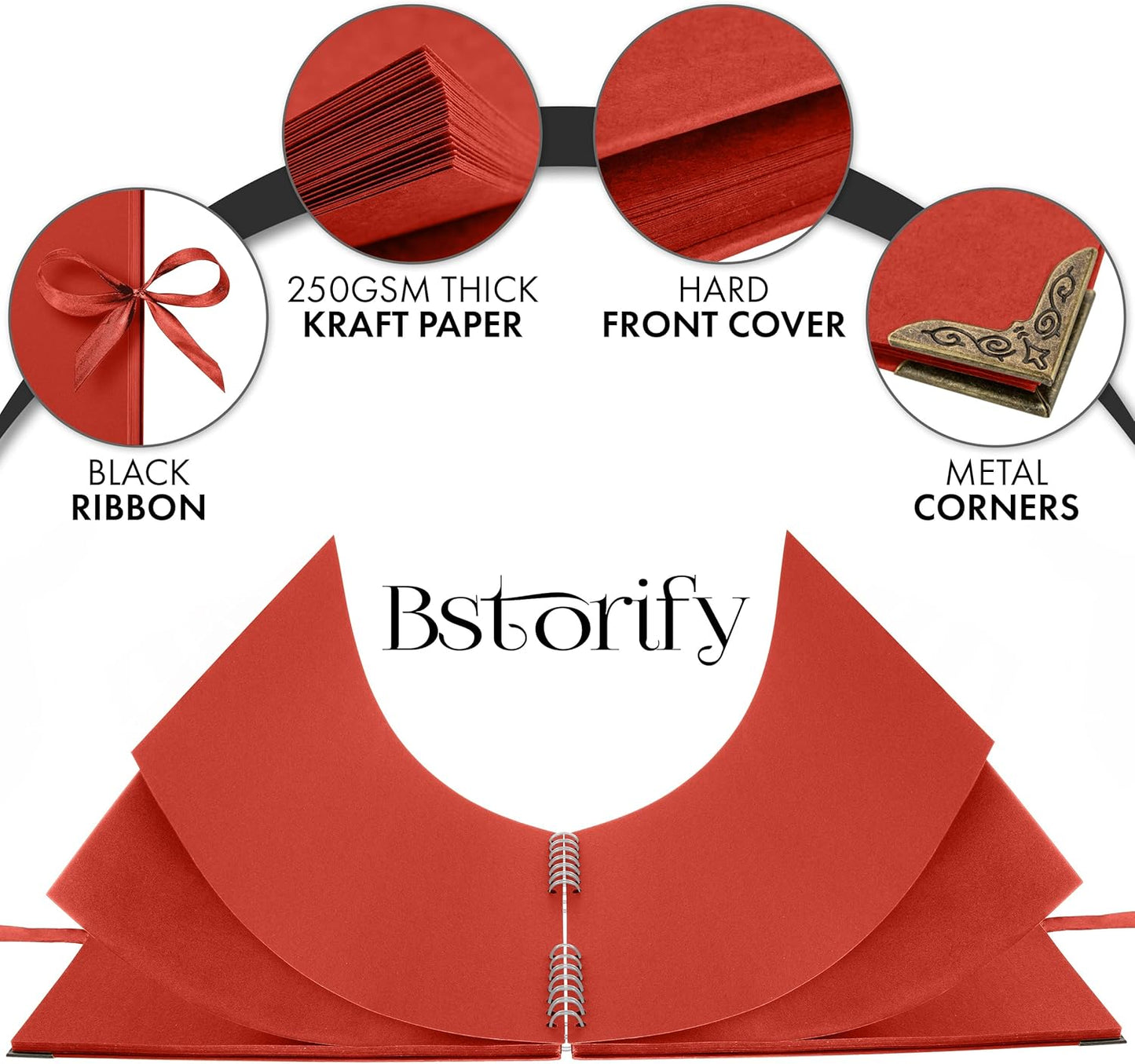 Bstorify Square Scrapbook Photo Albums 80 Pages (11 x 11 Inch) Red Thick Paper, Hardcover, Ribbon Closure - Ideal for Your Scrapbooking Albums, Art & Craft Projects (Red, 11 x 11 Inch)