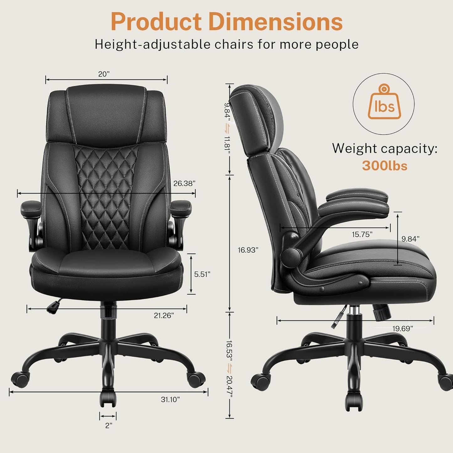 Office Chair Flip Up Arms, Executive Leather Office Chair Ergonomic Desk Chair with Lumbar Support, Adjustable Headrest, Computer Chair Home Office Desk Chair with Rocking Function