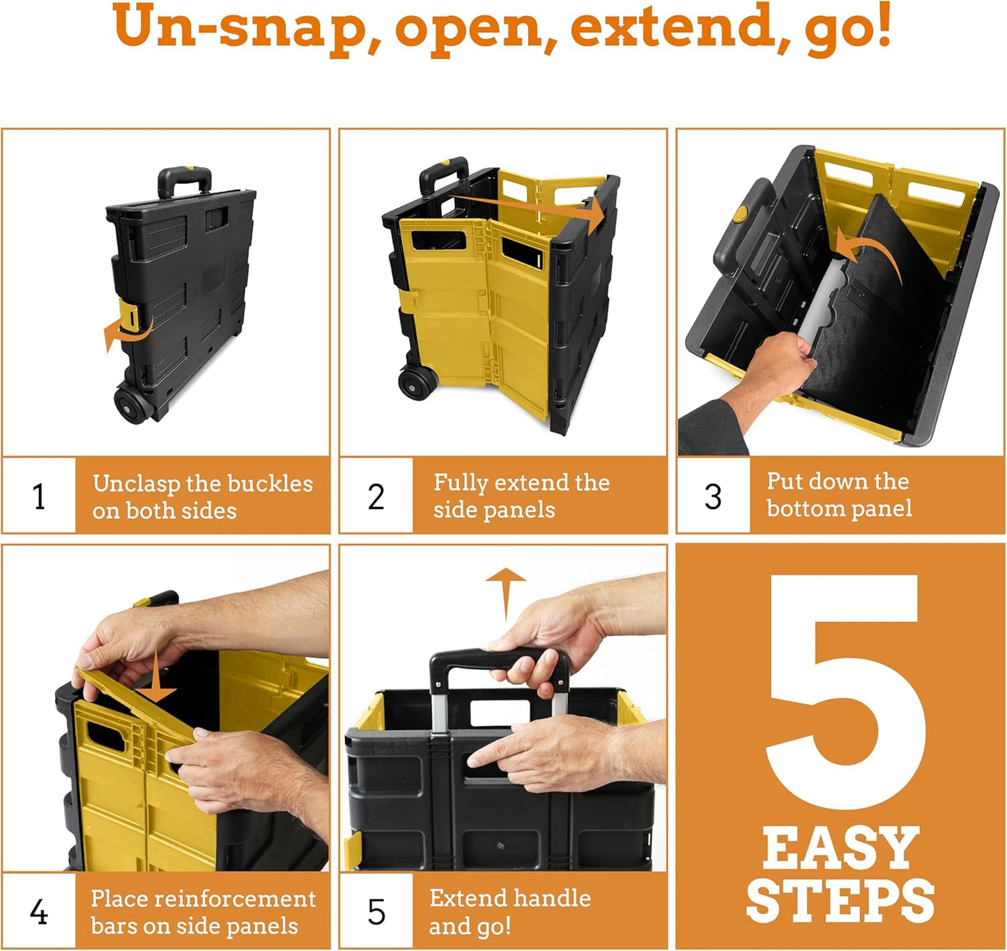 Inspired Living Ultra-Slim Rolling Collapsible Storage Pack-N-Roll Utility-carts, with Telescopic Handle, for Home, Garden, Shopping, Office, School use, Medium, Yellow & Black