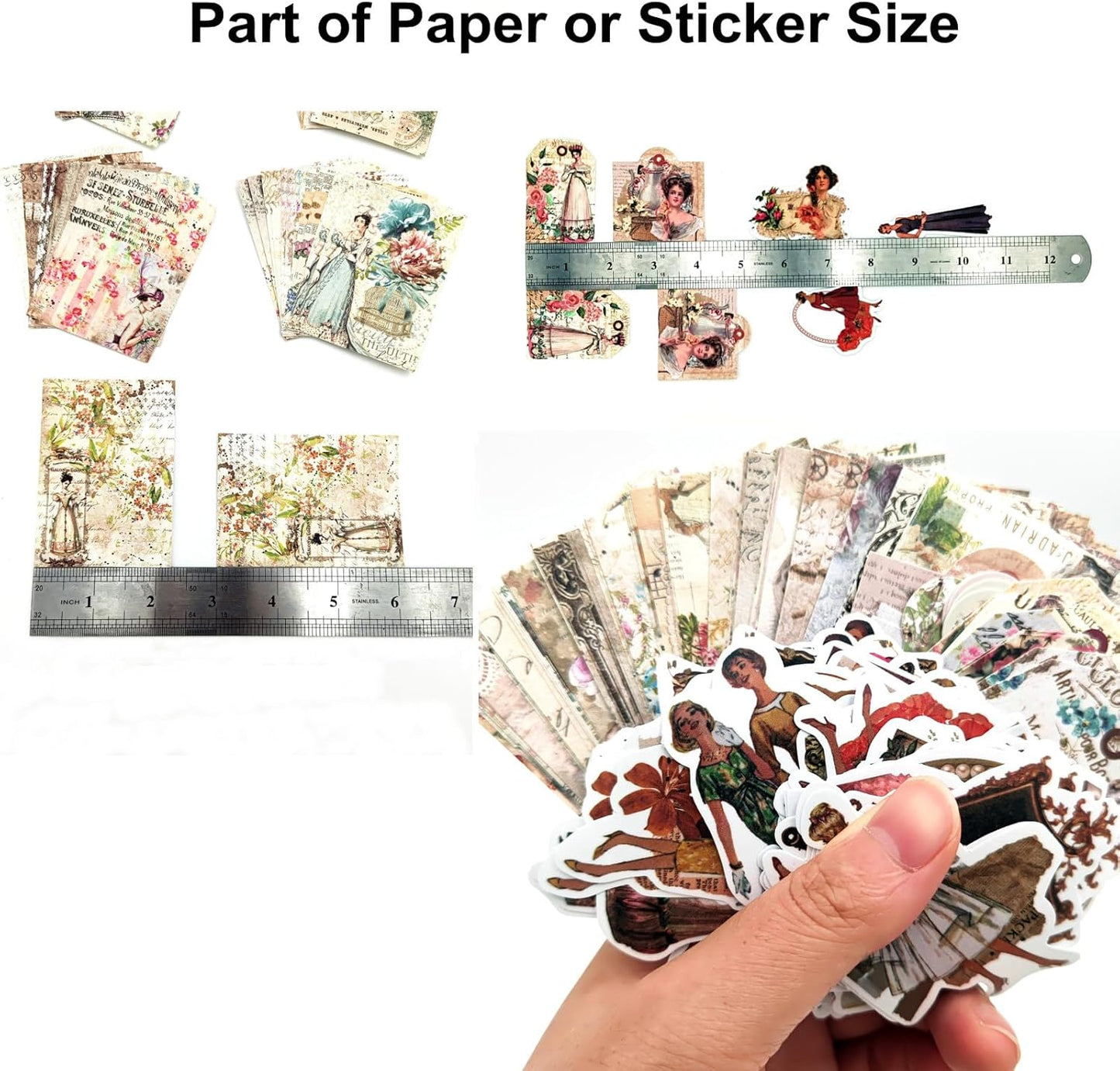 200PCS Vintage Scrapbooking Supplies Pack, Aesthetic Scrapbook Sticker Paper Art Journaling Kit for Bullet Junk Journals,Planner,Cottagecore Decor Gifts (Rose)