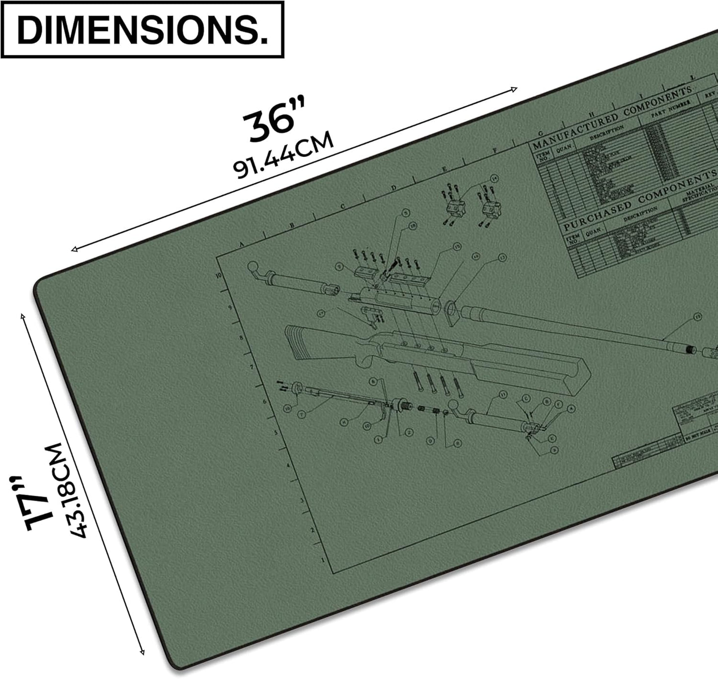 MPCO. Blueprints Large Gaming Desk Pad - 36" x 17" Aeroglyde Fabric Browning 50 Cal – Green Desk Mats - Non-Slip, Washable, Smooth Glide for Precision Gaming & Work