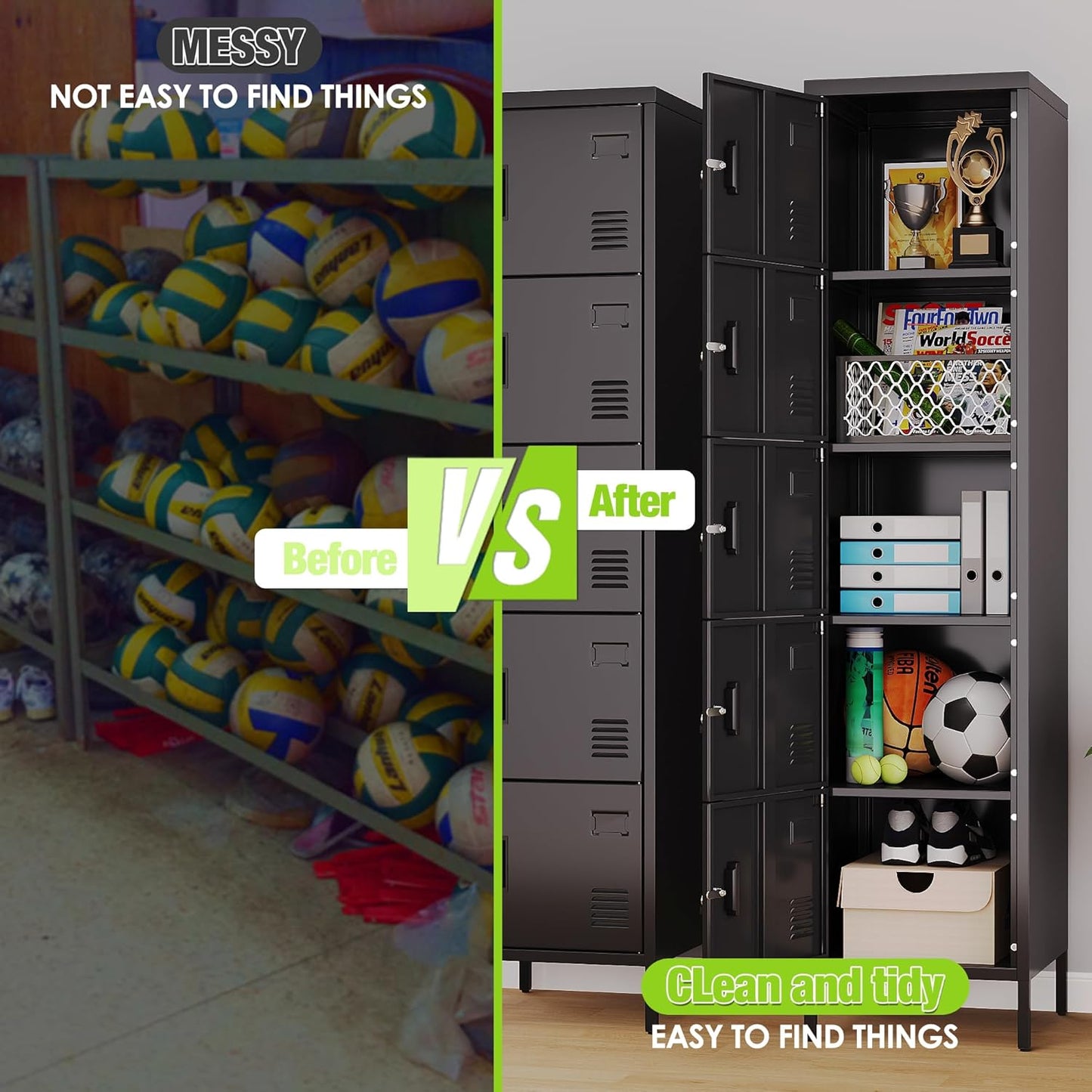 Aobabo 16" W 5 Door Metal Storage Locker with Lock, 66" H Steel Locker with Name Card Holder and Metal Leg for School, Home, Office, Playroom, Assembly Required, Black