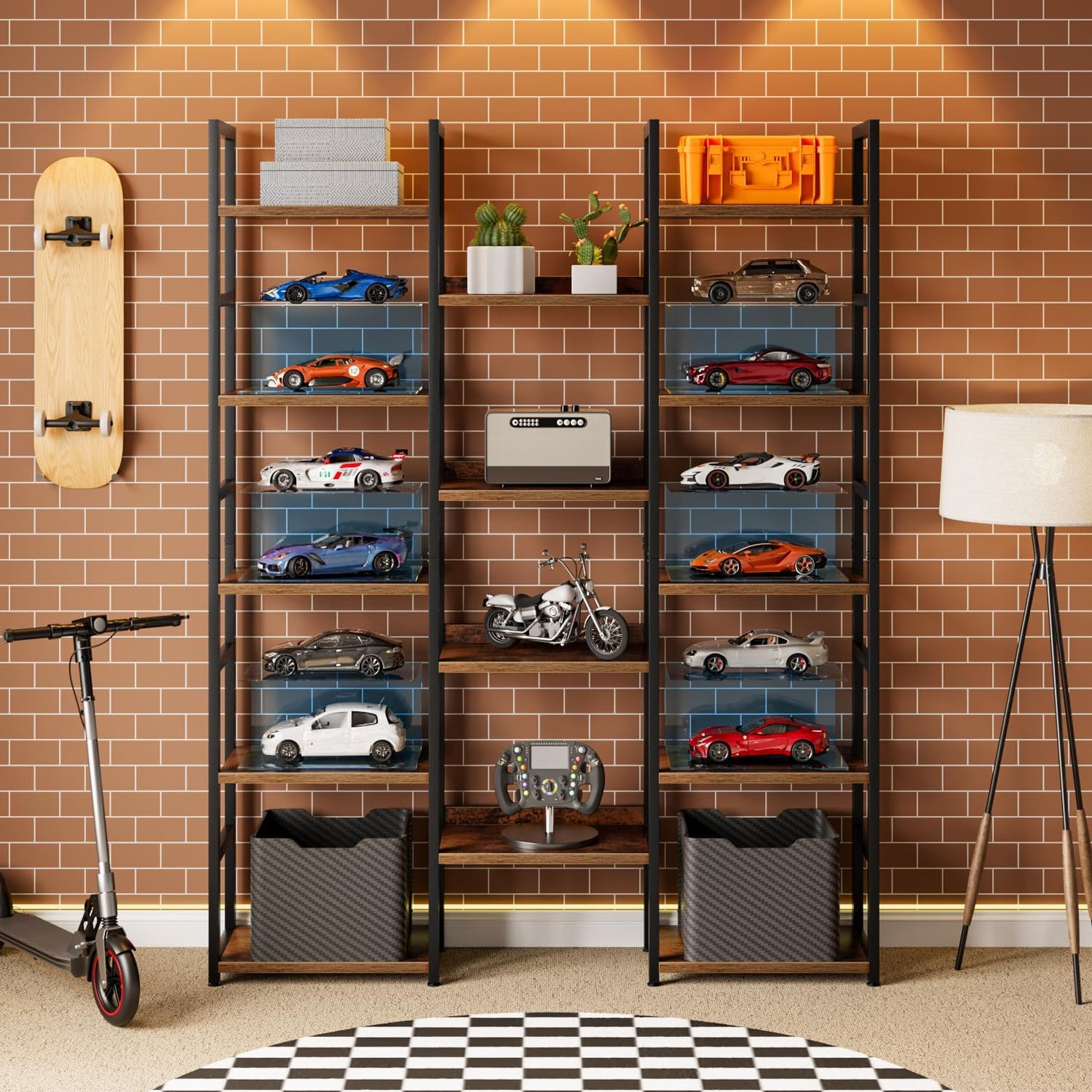 OTK Triple Column 5 Tier Bookshelf, Large Bookcase with 14 Open Display Shelves, Adjustable Industrial Book Shelf with Baffles, Wide Bookshelves for Bedroom, Living Room and Home Office, Rustic Brown