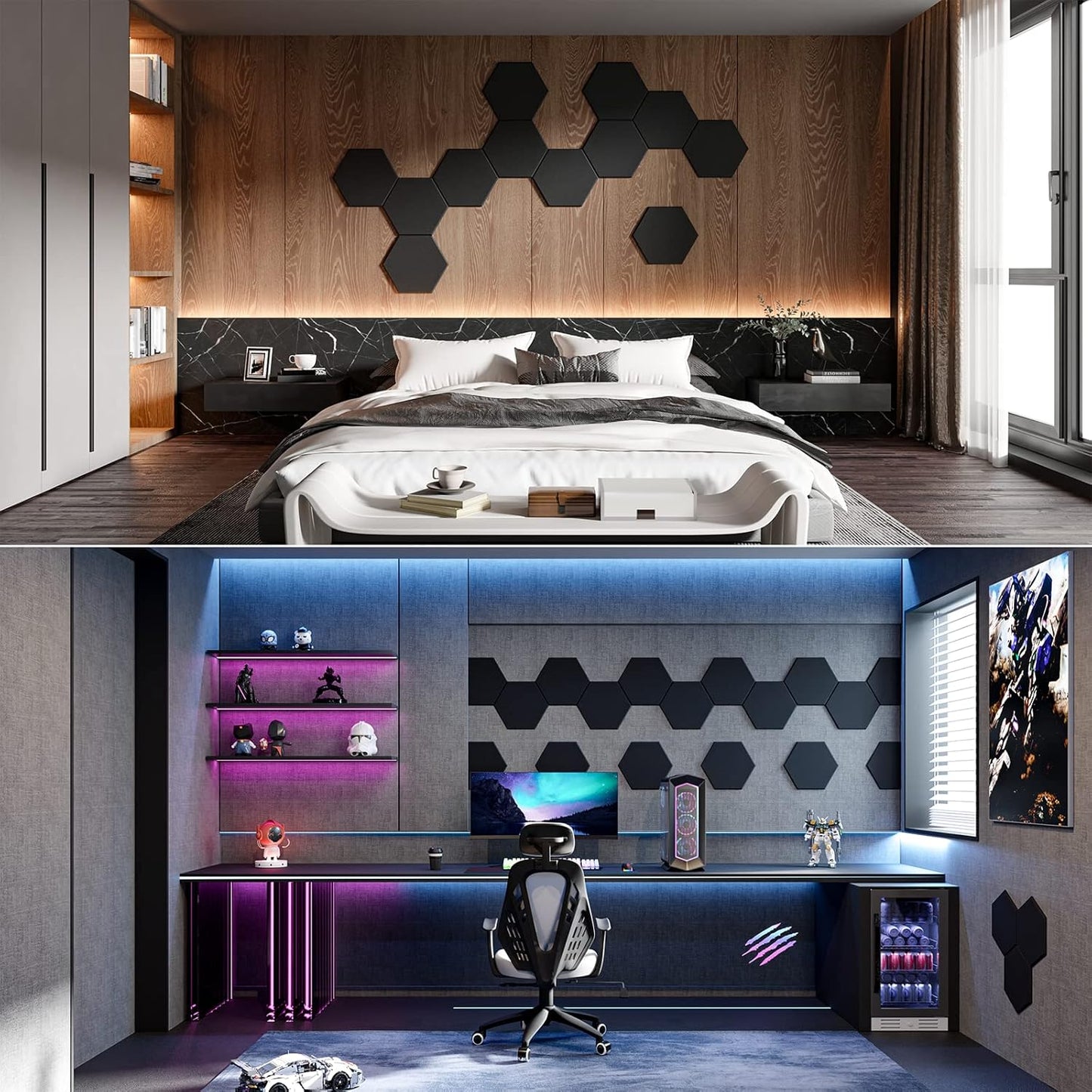 22 Pack Self-adhesive Acoustic Panels 12" X 10" X 0.4" - Sound Proof Foam Panels with High Density, Hexagonal Design, Flame Resistant, Absorb Noise and Eliminate Echoes(Black)