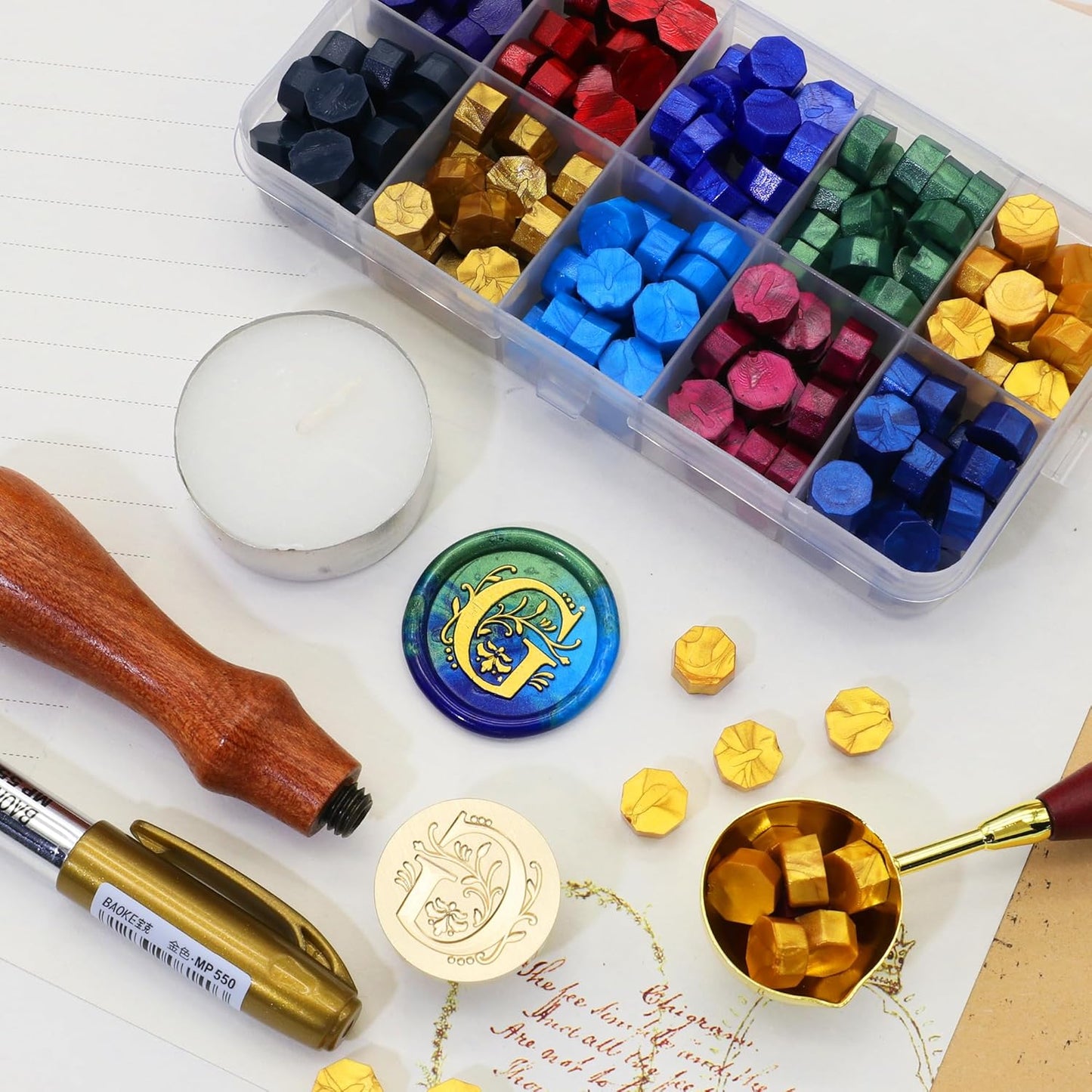SWANGSA Initial Alphabet G Wax Seal Stamp Kit, Classic Retro Letter Sealing Stamp with 200pcs Sealing Wax Beads Kit for Wedding Invitations Cards Envelopes (G)