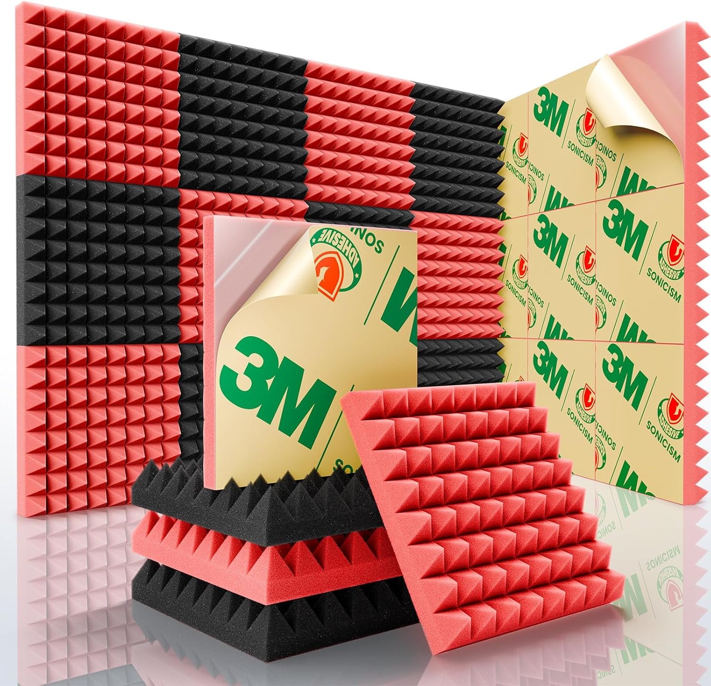 Sonicism Acoustic Panels Self-Adhesive Pyramid 12 Pack,12" X 12" X 1" Sound Proof Foam Panels for Walls,35kg/m³High Density Soundproof Wall Panels Fast Expand,Sound Absorption & Decoration(Black/Red)