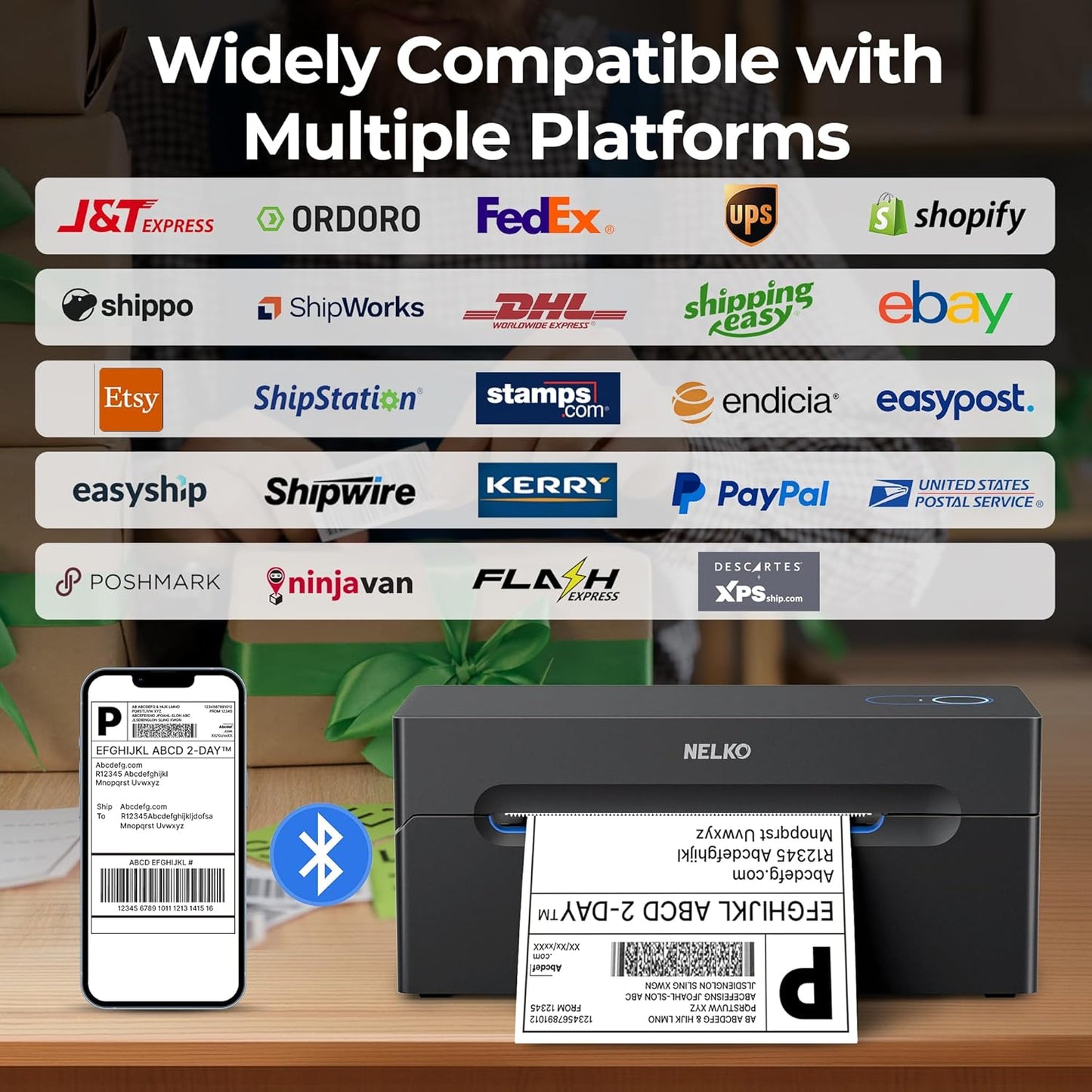 Nelko Bluetooth Thermal Shipping Label Printer, Wireless 4x6 Shipping Label Printer for Shipping Packages, Support Android, iPhone and Windows, Widely Used for Amazon, Ebay, Shopify, Etsy, USPS