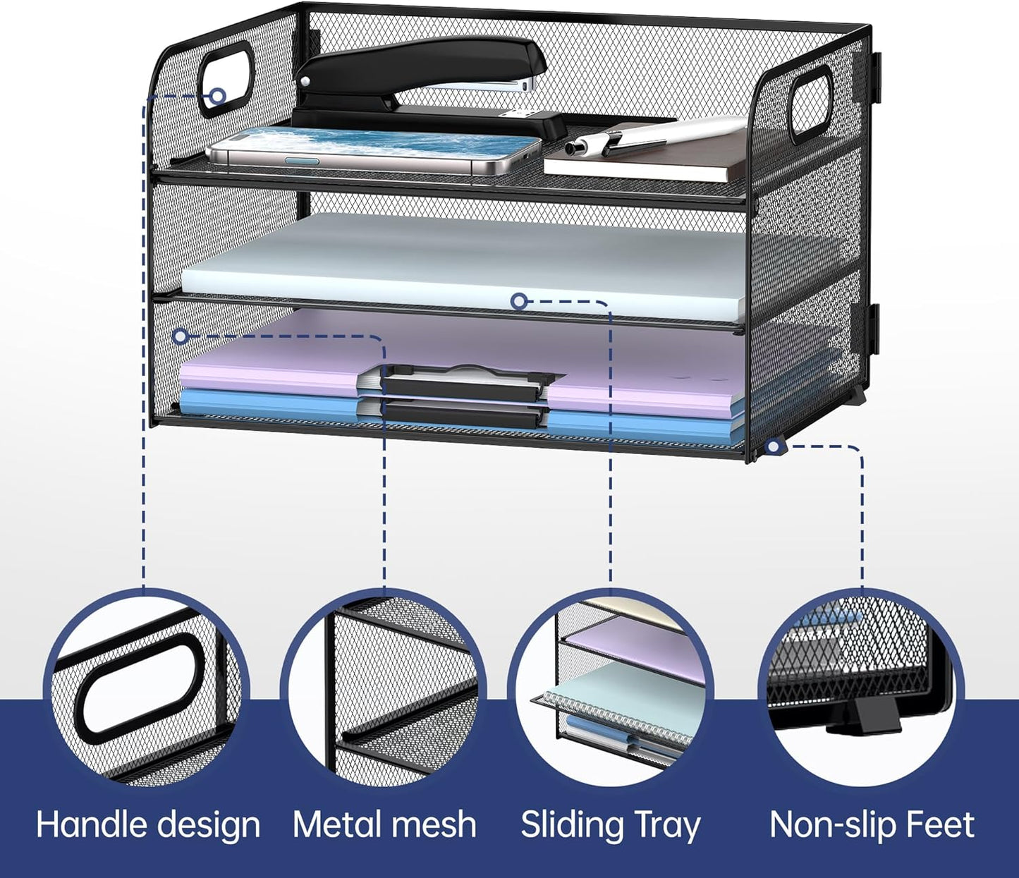 Supeasy 3 Tier Paper Organizer with Handle, Mesh Desk Organizer Letter Tray, Paper Tray File Organizer for A4 File Folder, Black