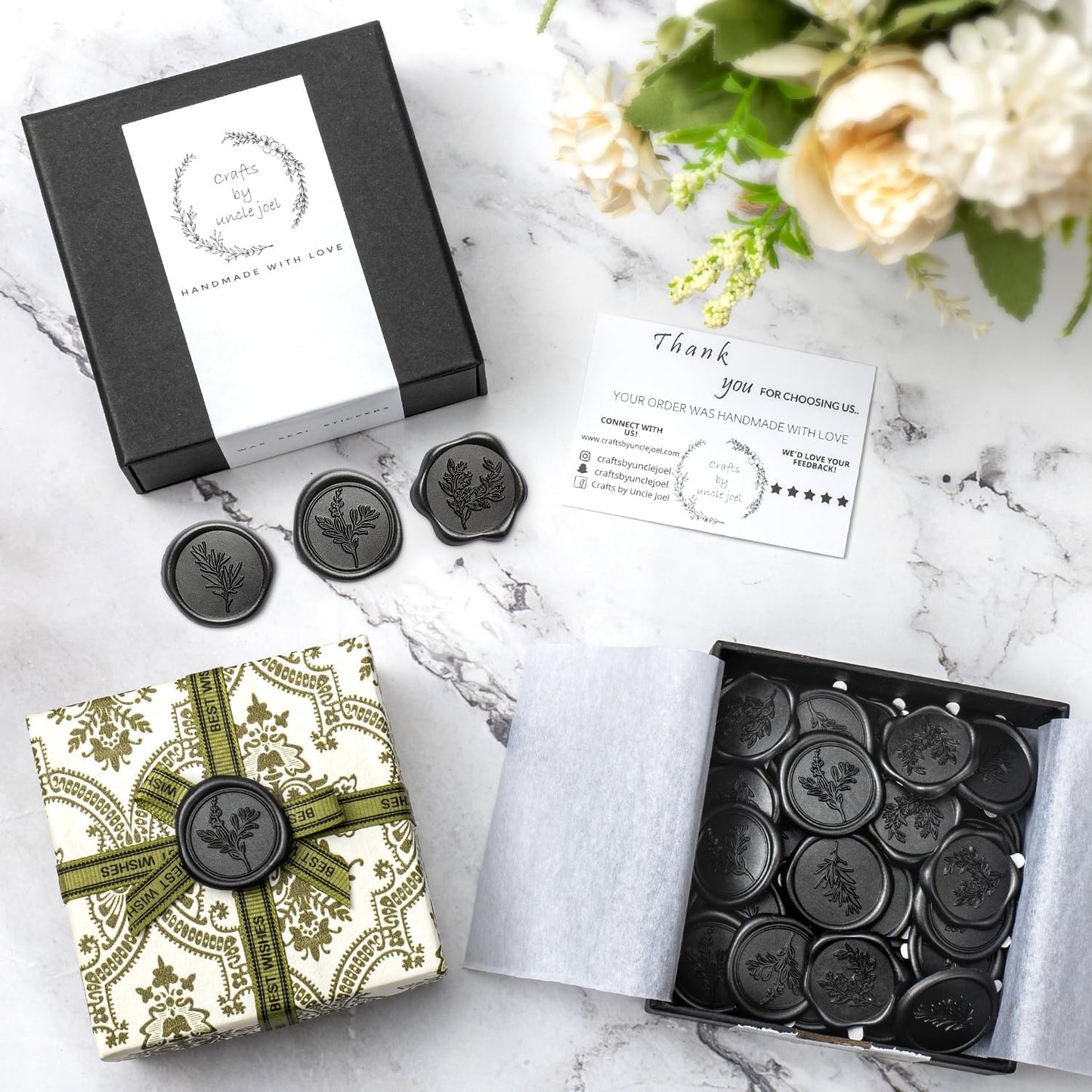 Black Wax Seal Stickers (60 Pcs, 3 Designs in 1 Pack) Premium Envelope Seal Stickers for Wedding Invitation Envelopes, Adhesive Wax Seals, Perfect for Seating Chart, Gift Wrapping