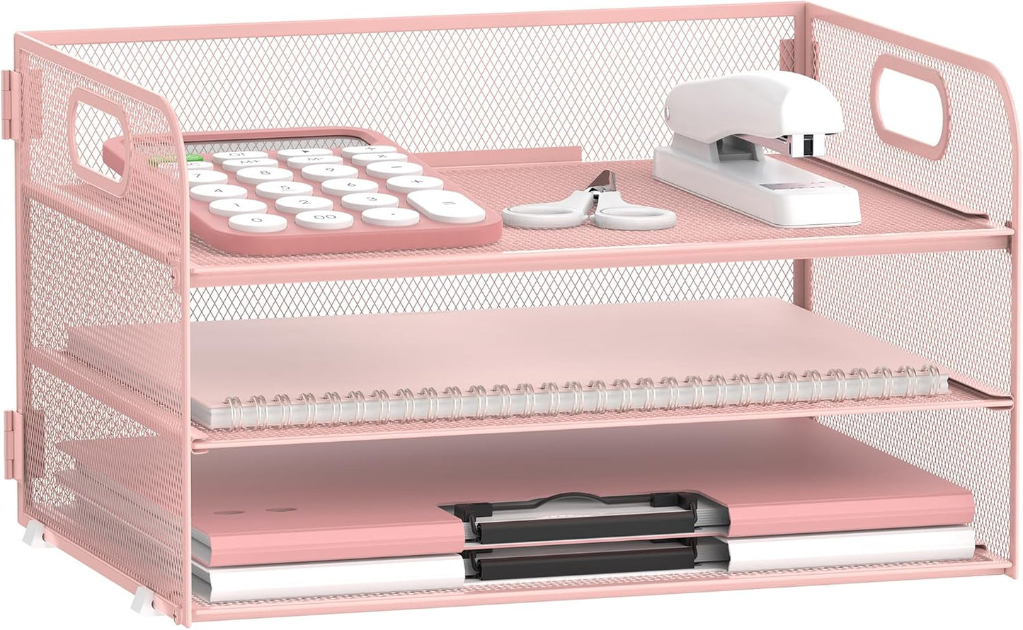 SUPEASY 3 Tier Paper Organizer with Handle, Mesh Desk Organizer Letter Tray, A4 File Folder Paper Tray, Pink