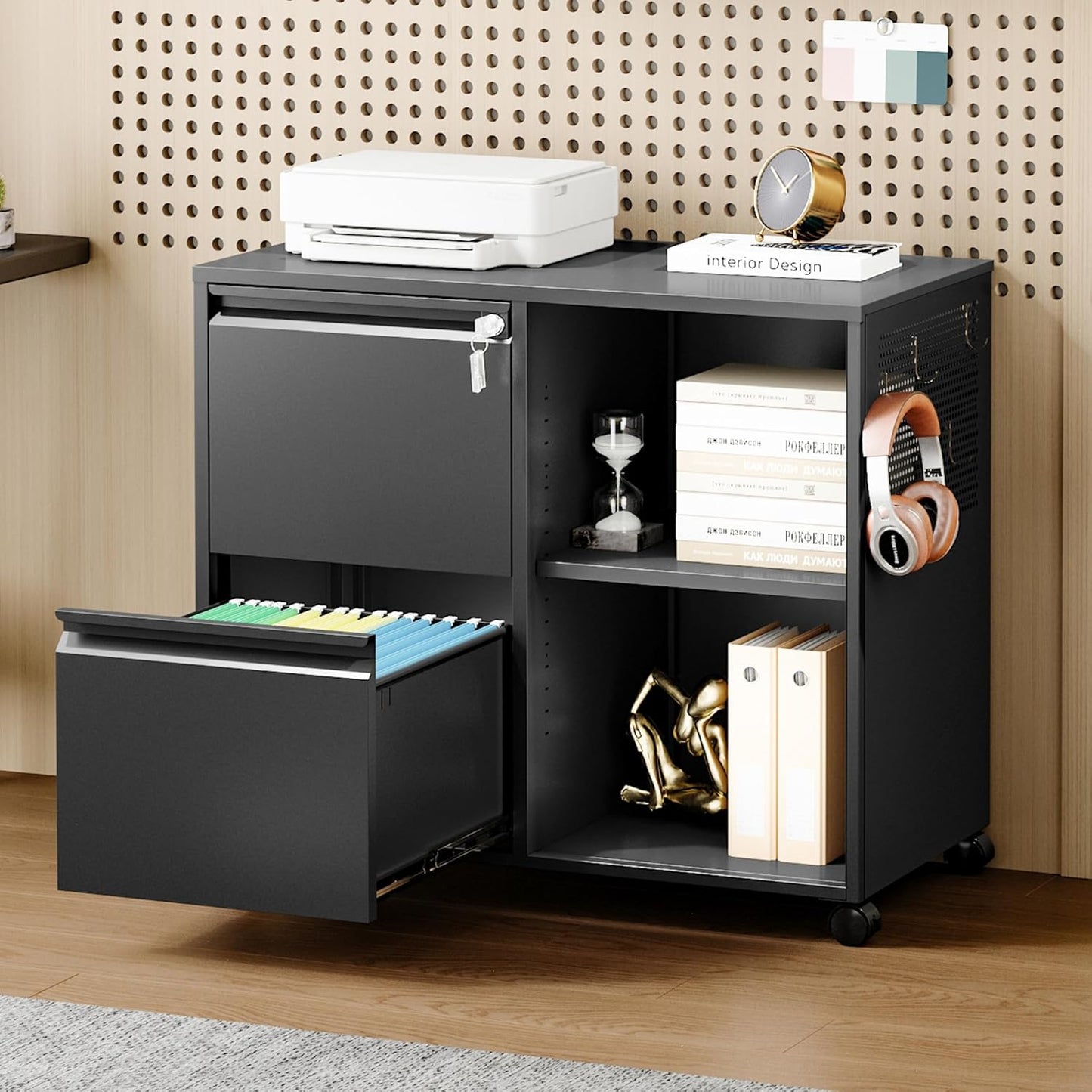 Mobile Lateral File Cabinet,2 Drawer Filing Cabinet with Lock fits A4/F4 or Letter Size for Home Office,Metal Rolling Printer Stand with Open Storage Adjustable Shelves(Black)