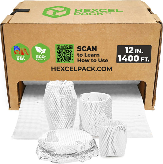 HexcelWrap Mini - Honeycomb Packing Paper, Eco-Friendly, Sustainable Paper Bubble Wrap for Shipping & Moving, Cushioned Packing Material in Easy Self-Dispenser Box - White, 12" x 1400'