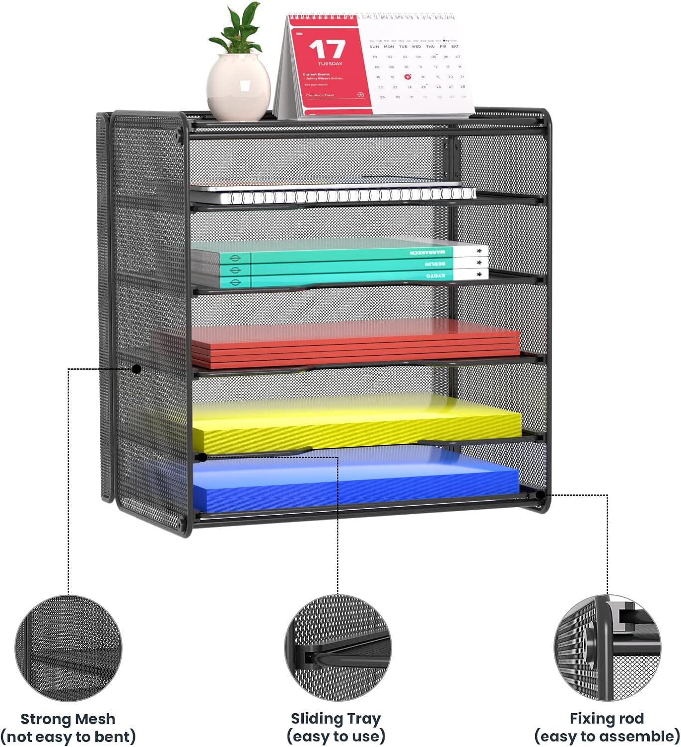 Samstar Letter Tray Paper Organizer, Mesh Desk File Organizer with 5 Tier Shelves and Sorter, Black