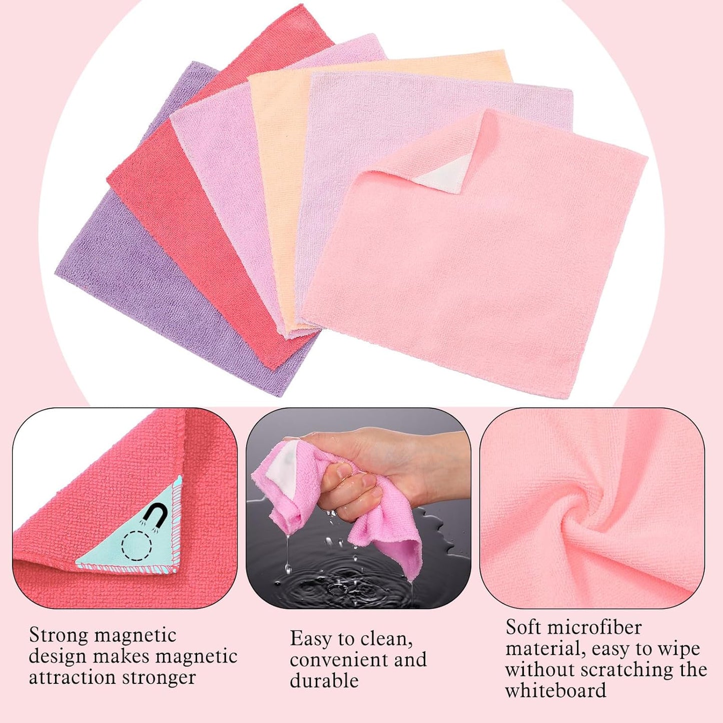 6 Pack Magnetic Whiteboard Cleaning Cloth Extra Strong Magnetism 10'' X 10'' Colorful Microfiber Dry Erase Cloth Reusable Washable Whiteboard Eraser for Classroom, Home and Office Use(Pink Color)