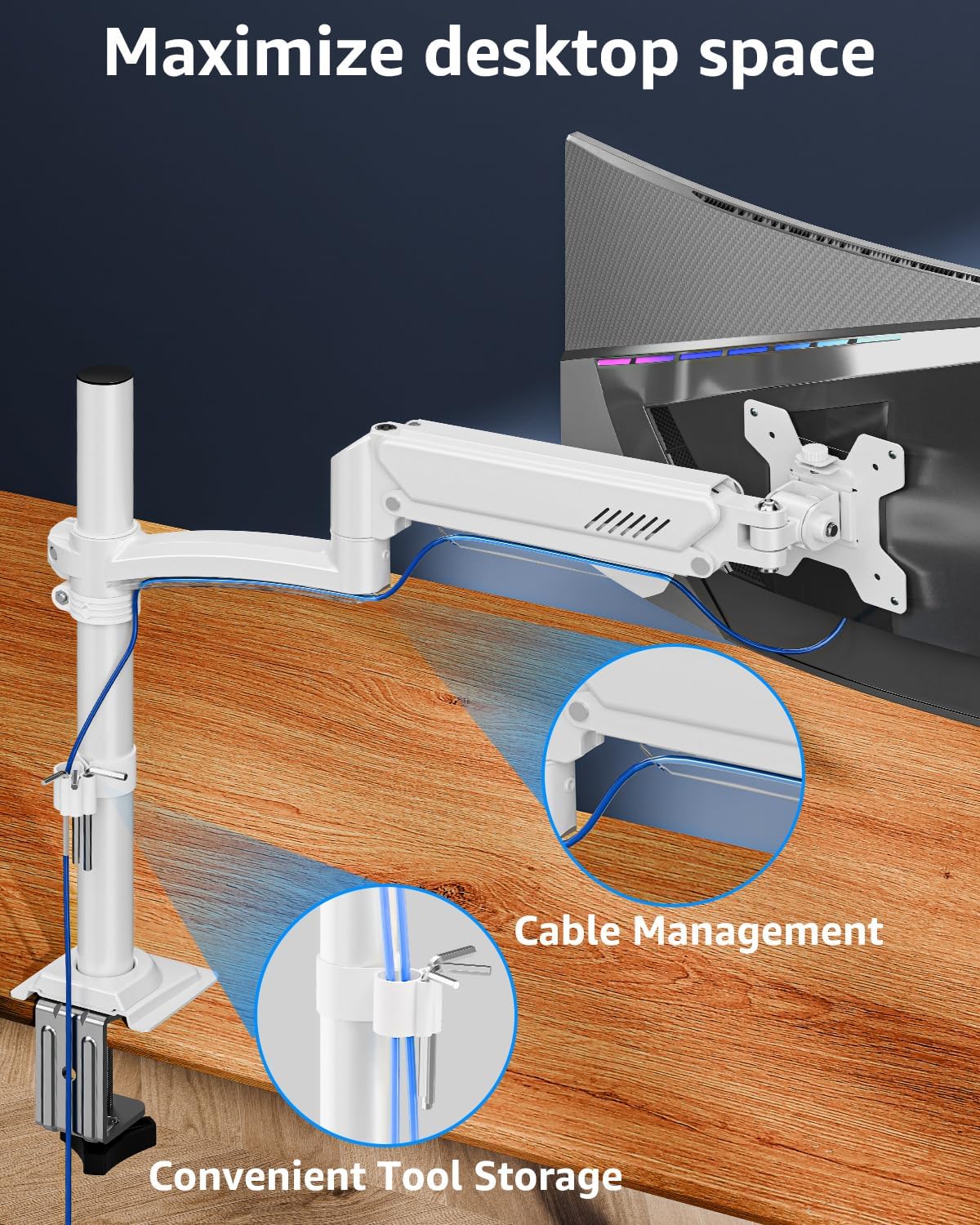 Single Monitor Arm Holds 4.4-22lbs, Monitor Stand for Desk, Height Adjustable Monitors Mount for 32 27 24 22inch, Full-Motion Monitors Desk Mount with C-Clamp＆Grommet Base, Freelift White