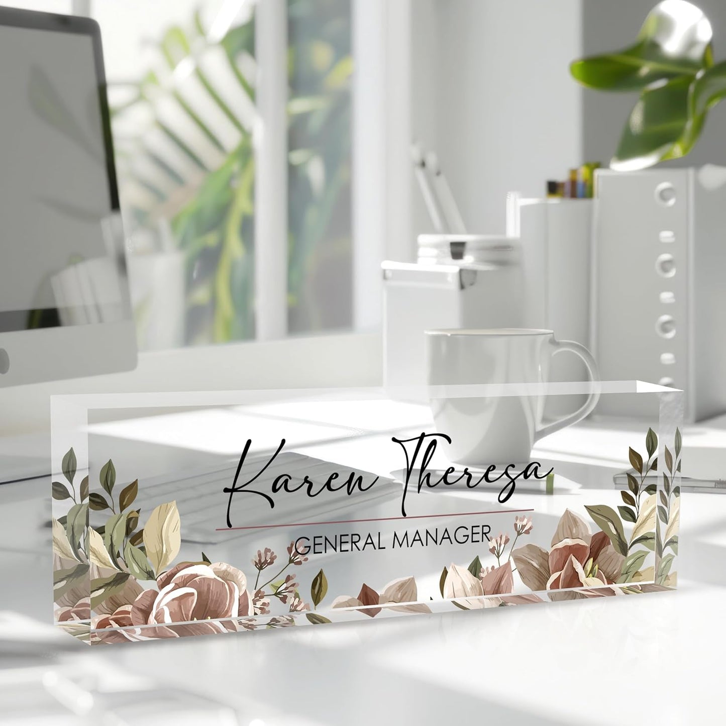 Custom Office Name Plate, Personalized Gifts for Women & Men, Appreciation Gifts for Employees, Office Desk Accessory (Tea Colored Flower)