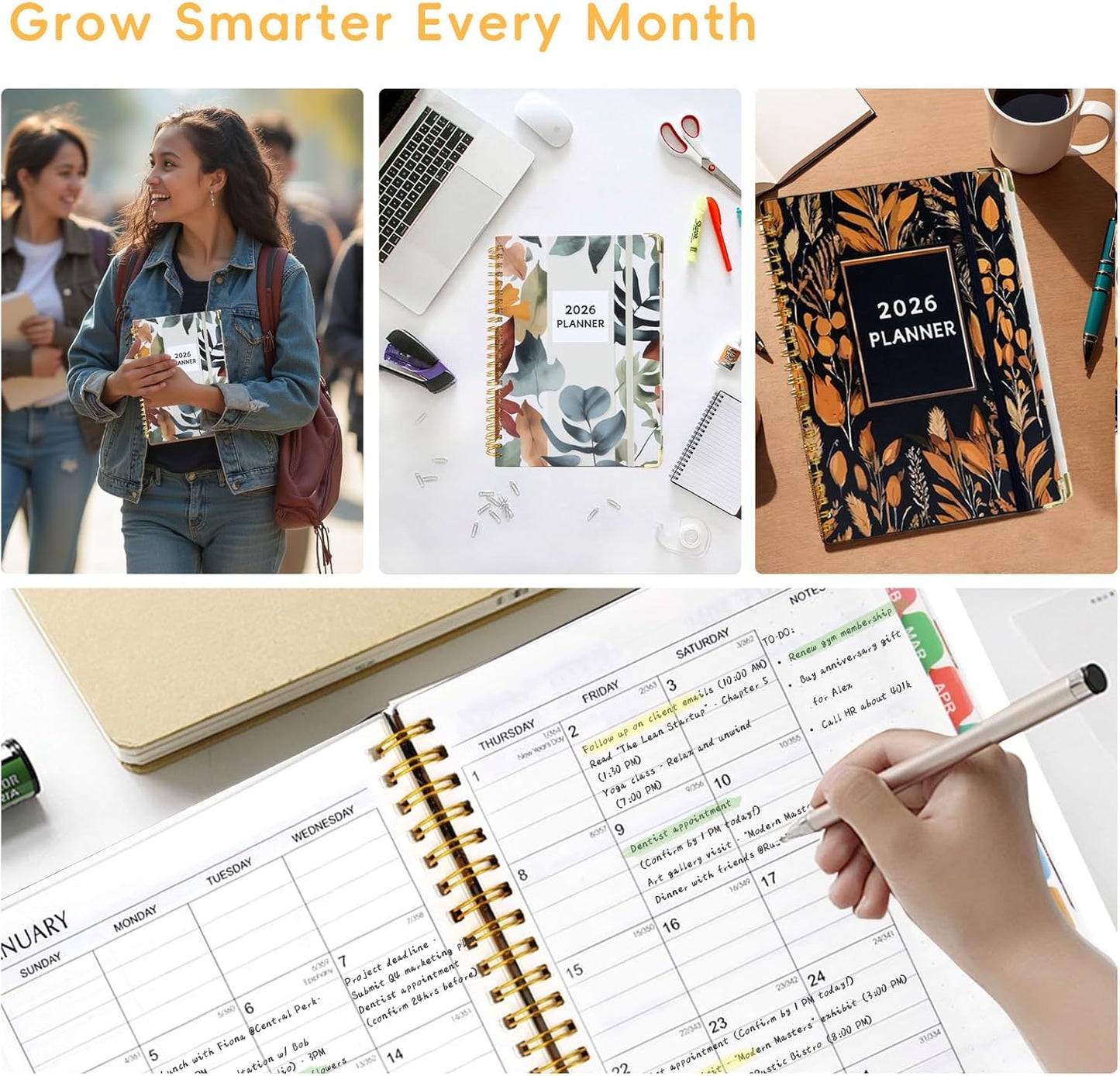 2026 Planner, A5 (6.3"x 8.5") Planner 2026 Jan-Dec, Monthly/Weekly/Daily Tabs with Contacts & Holidays, Hard Cover, Organizer for School and Business Supplies (Leaf)