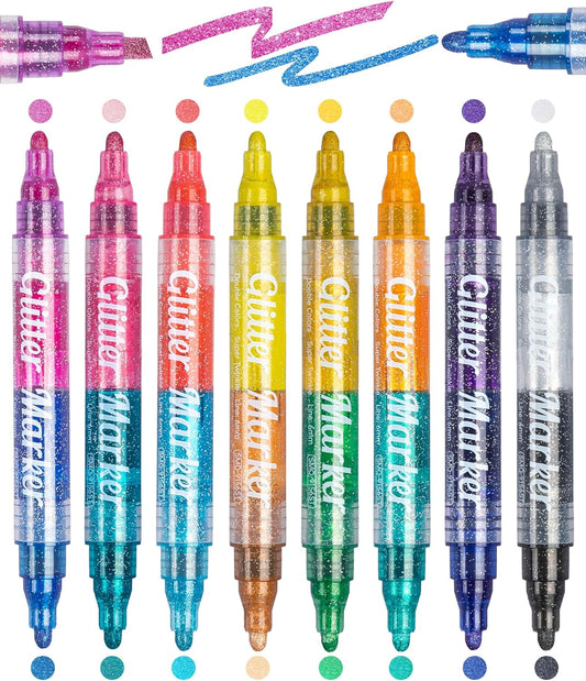 Glitter Markers,16 Colors Metallic Markers Sparkle Pens for Adults Kids,Arts & Crafts Supplies,Rock Painting, Wood, Scrapbook, Birthday Cards, Dual Tip Glitter Acrylic Paint Pens Set of 8