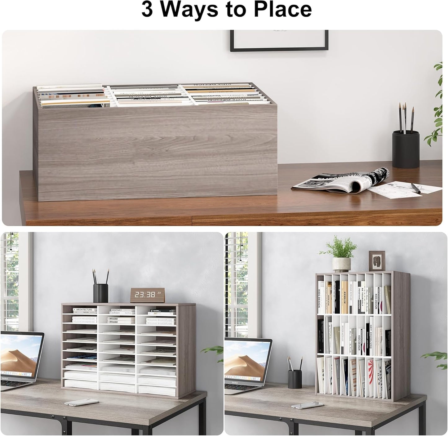 Mail Organizer Countertop, 27 Slots Wooden Desk File Literature Sorter, Adjustable Paper Storage Shelves Document Holder, Space Saving Desktop Mailbox for Office Classroom, Retro Grey/White