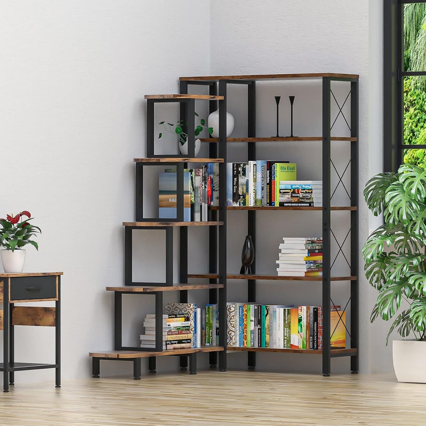 Large Corner Bookshelf Bookcase, Industrial Reversible 5 Tier Ladder Shelves Storage Display Rack with Metal Frame, Modern Home Office Furniture for Living Room Bedroom