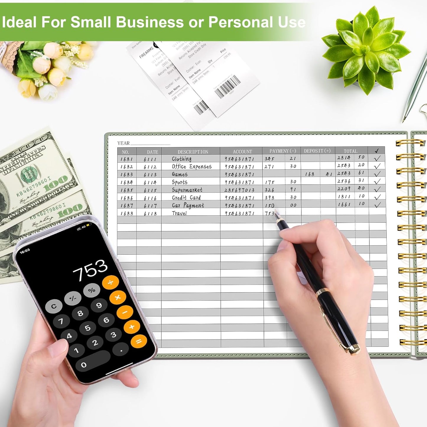 HAUTOCO Hardcover Accounting Ledger Book for Small Business Bookkeeping Horizontal Money Expense Tracker Notebook with 2 Storage Pouch, Personal Columnar Log Journal 10.78 x 8'', Olive Green