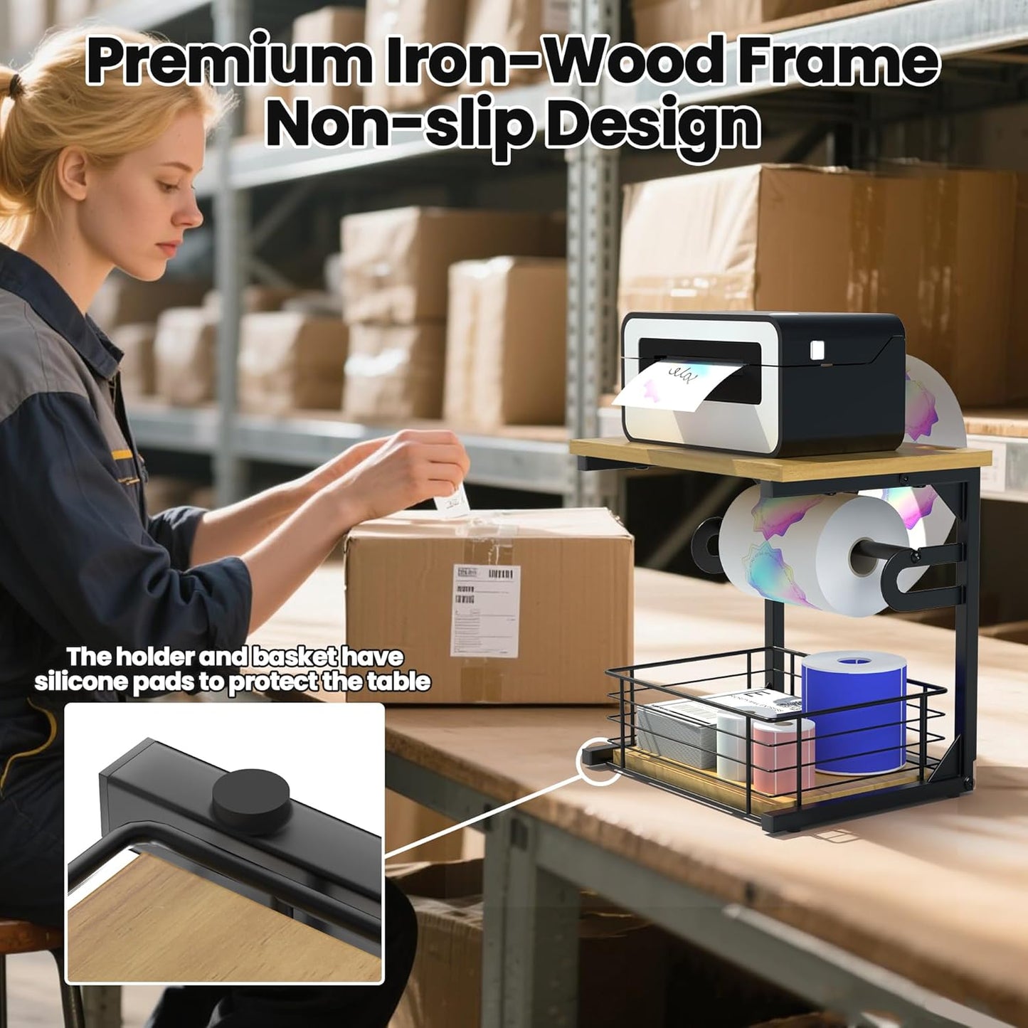 Label Holder for Rolls and Fan-Fold Labels, Wooden Thermal Sticker Roll Holder for Desktop Thermal Label Printer, Solid Shipping Label Holder & Desktop Label Printer Accessory Supplies for Home,Office