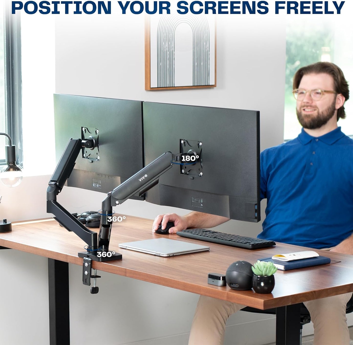 VIVO Dual Monitor up to 32 inches and 19.8 lbs per Screen, Pneumatic Arm Desk Mount, Articulating Counterbalance, VESA Stand, Classic, STAND-V002O