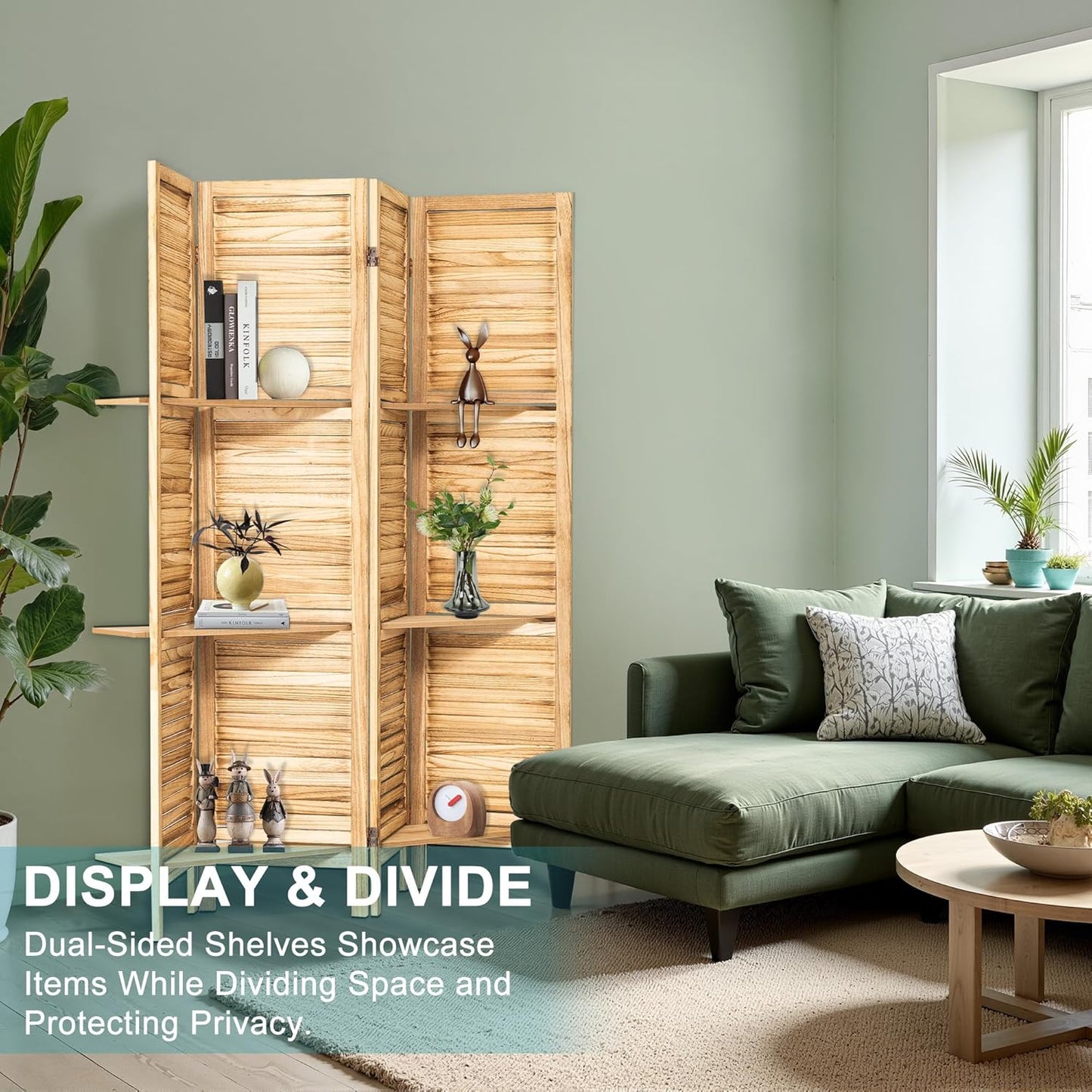 4 Panel Room Divider with Shelves, 5.6FT Folding Room Divider Screen, Free Assembled Freestanding Partition for Home Office Bedroom, Wood
